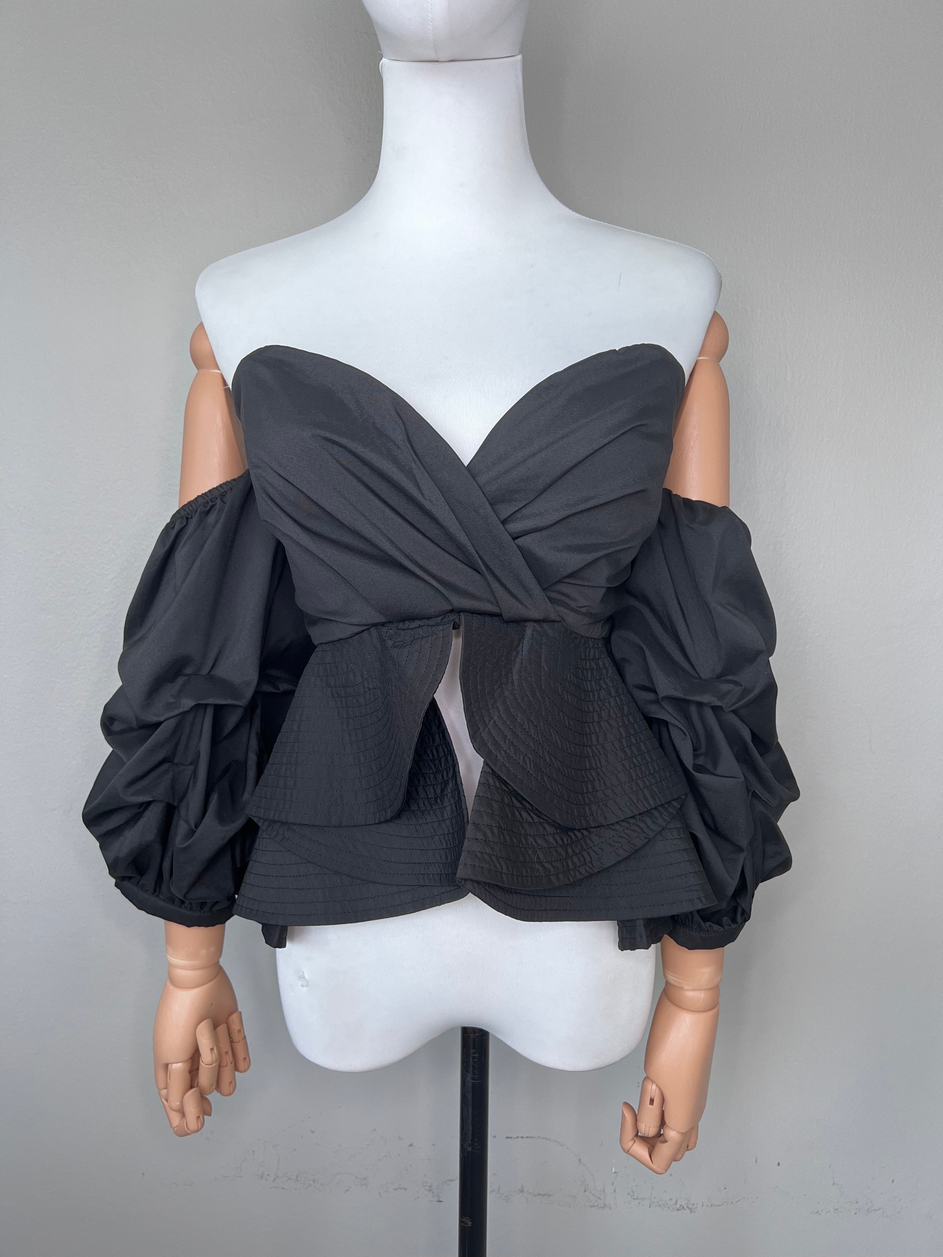 Sweetheart neckline off the shoulder black top with puffy sleeves and flowy under waistline- SWEETHEART