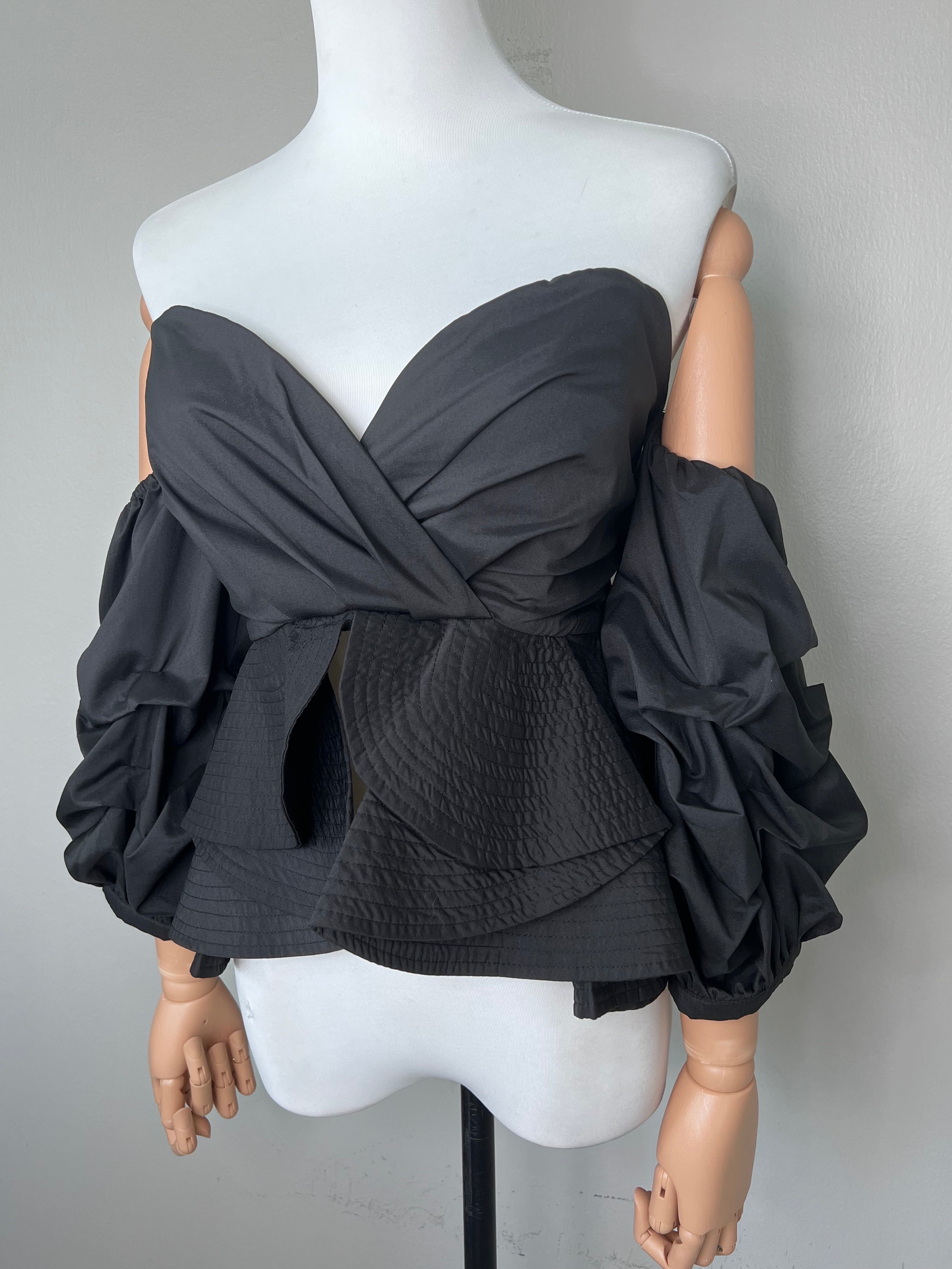 Sweetheart neckline off the shoulder black top with puffy sleeves and flowy under waistline- SWEETHEART