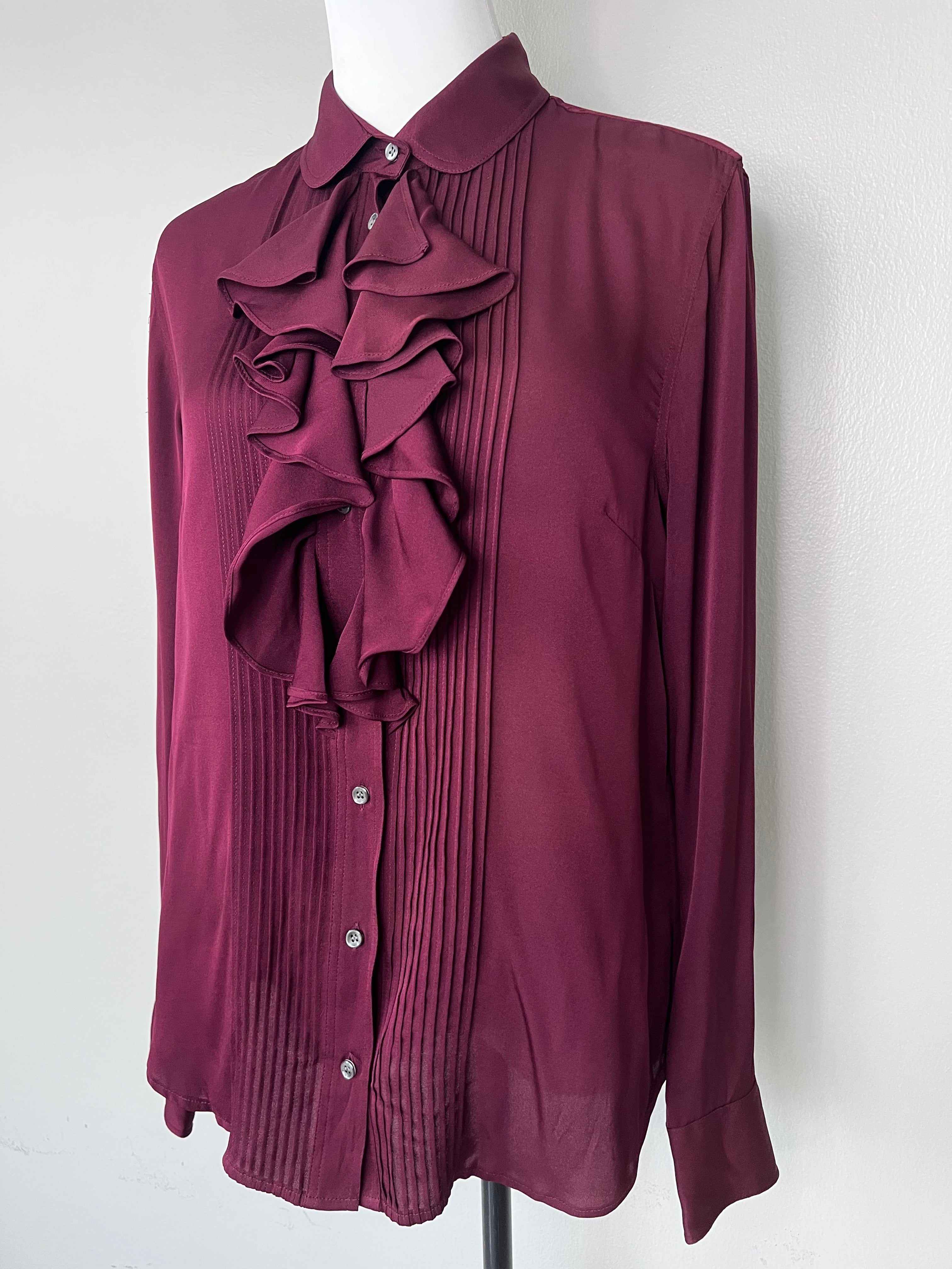 silk maroon shirt with ruffle details - Massimo Dutti