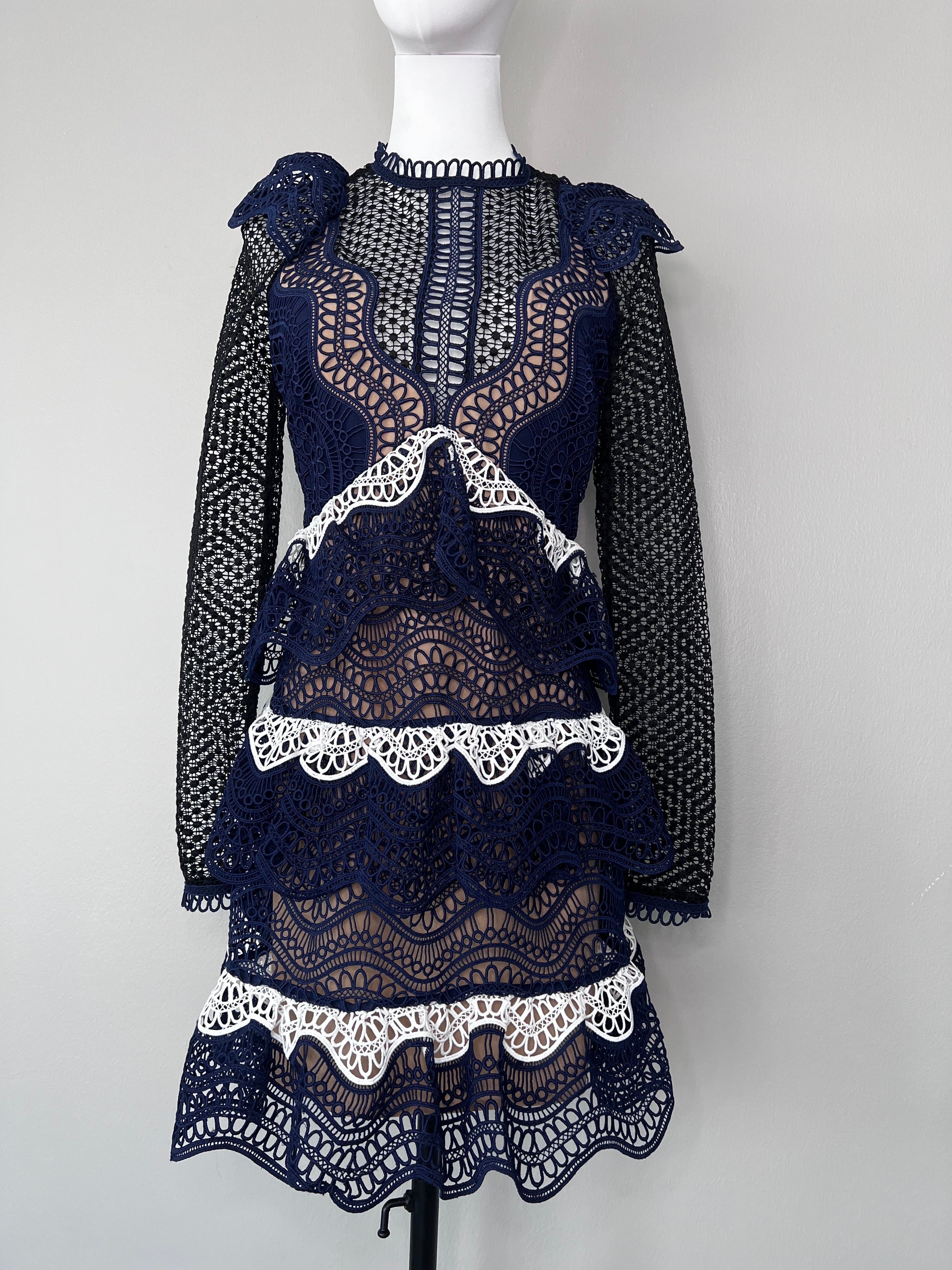 Navy blue sheer patterned layered dress with long black sleeves - SELF-PORTRAIT
