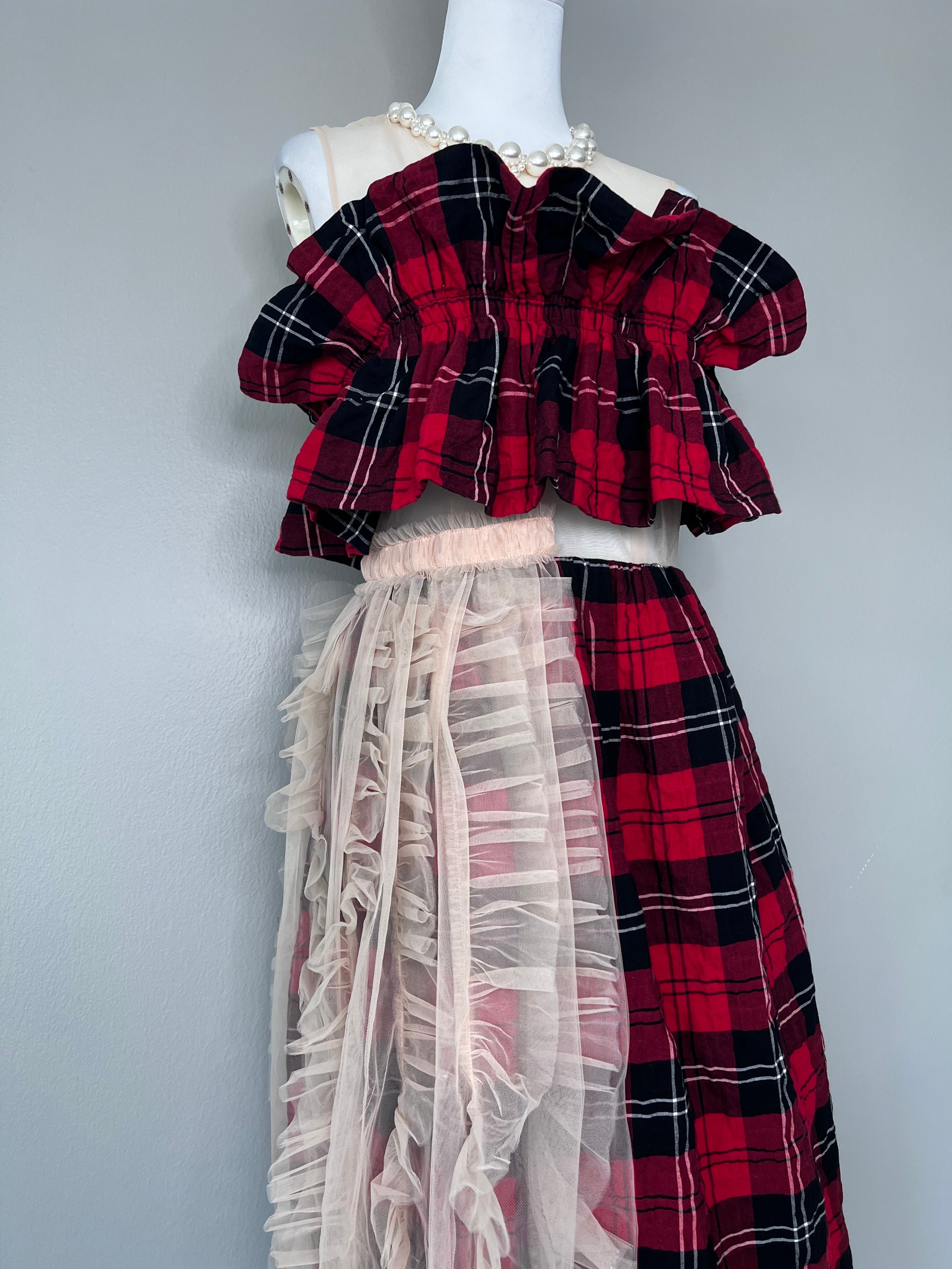 Red plaid two-layered dress with mesh ruffled and pearls across neckline - SIMONE ROCHA X H&M