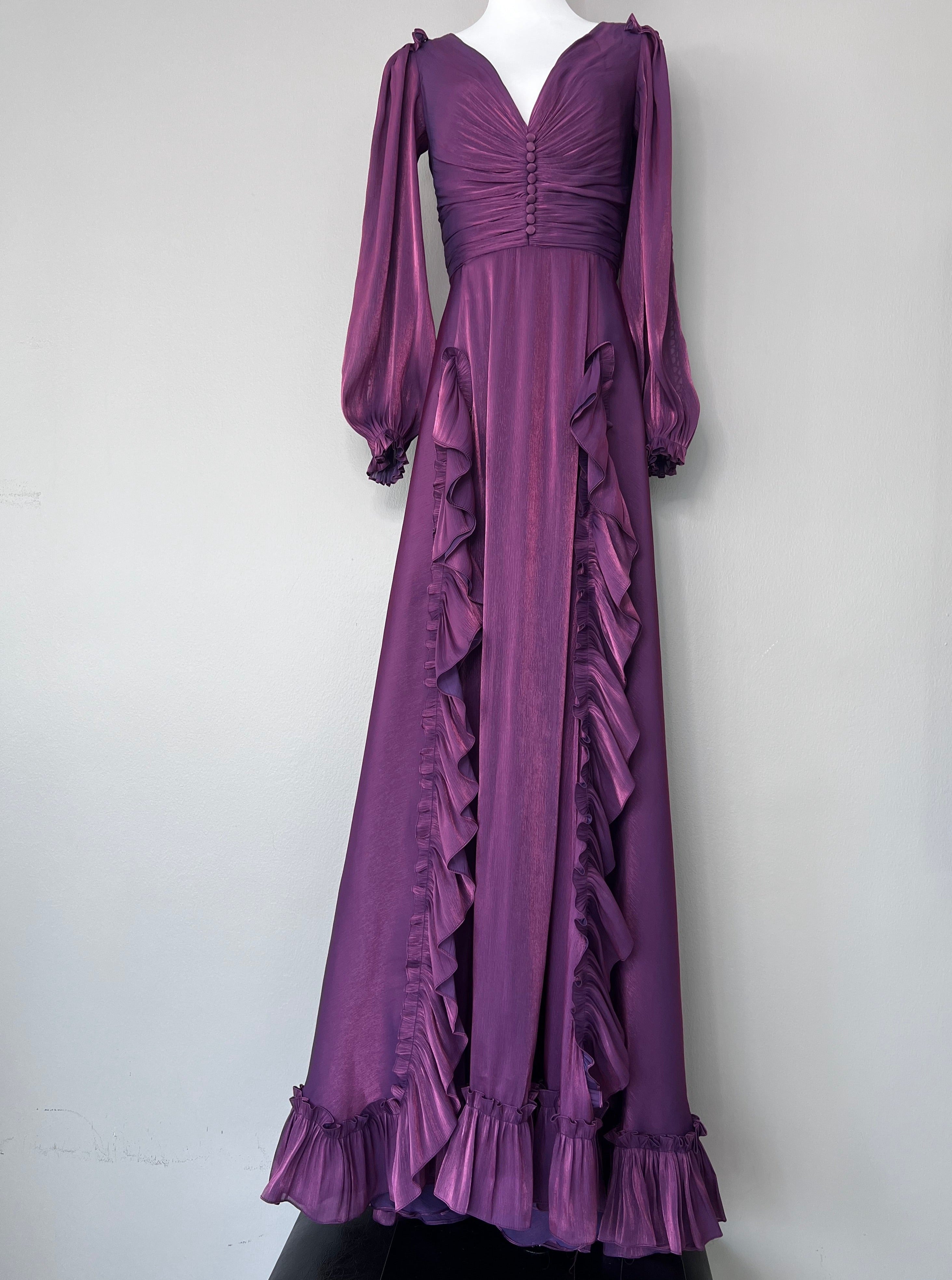 Purple lurex georgette ruffled long-sleeve silk dress - COSTARELLOS