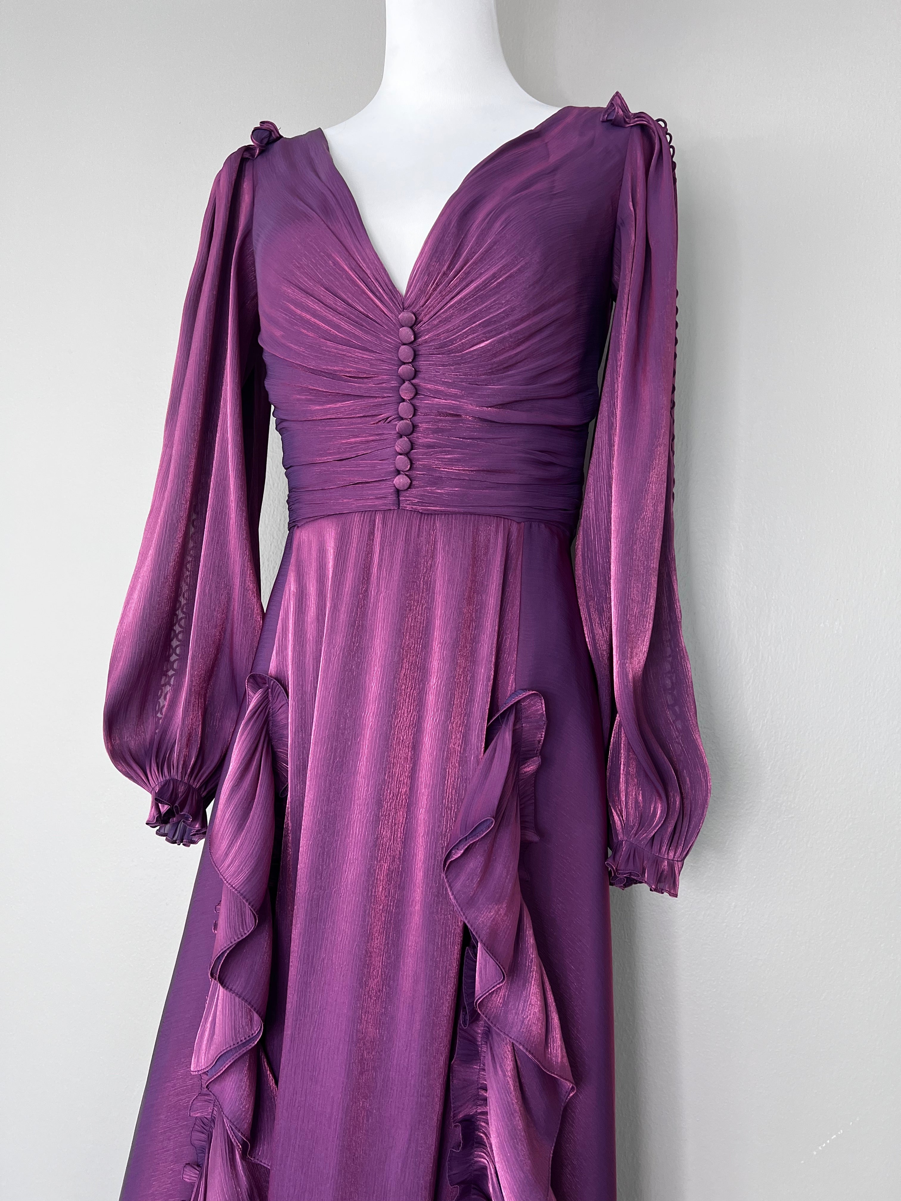 Purple lurex georgette ruffled long-sleeve silk dress - COSTARELLOS