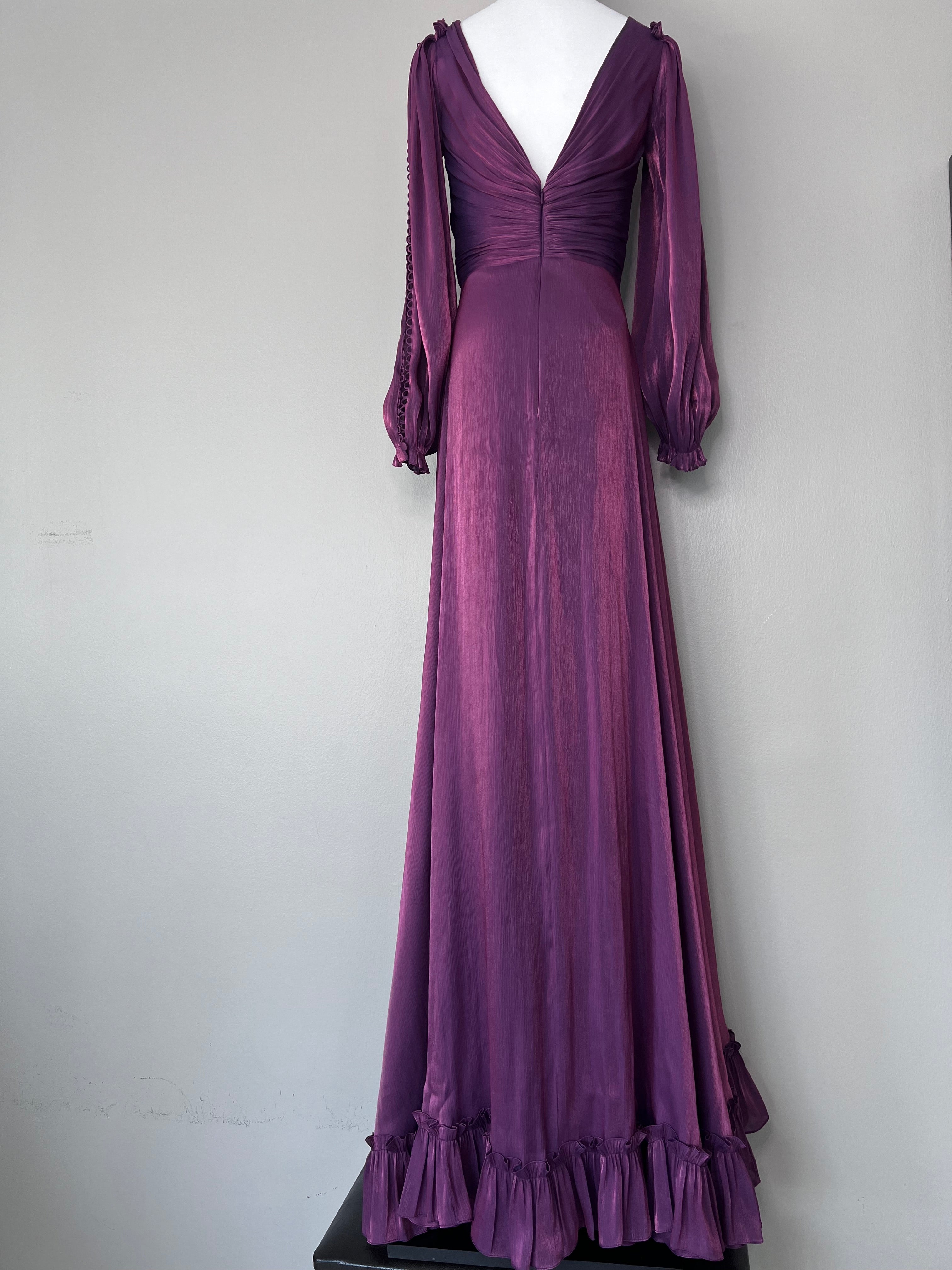 Purple lurex georgette ruffled long-sleeve silk dress - COSTARELLOS