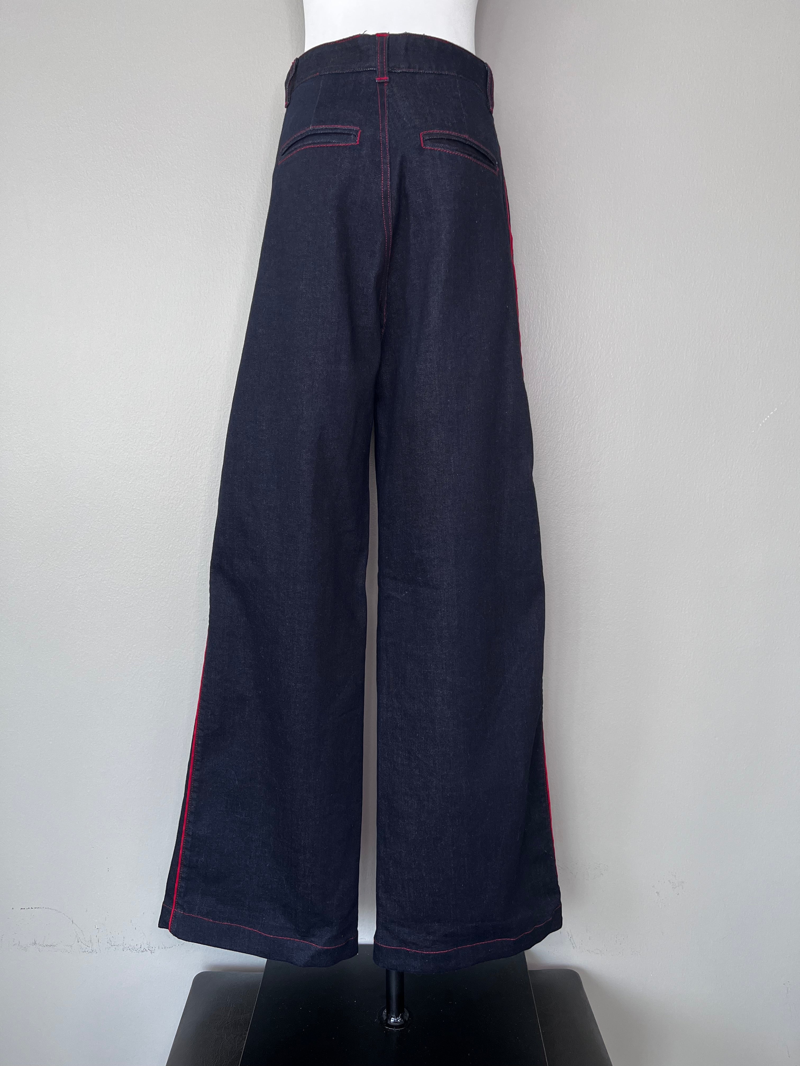 Dark wash super straight-legged jeans with a red seam along the side and the back pockets. - STELLA/ MCCARTNEY