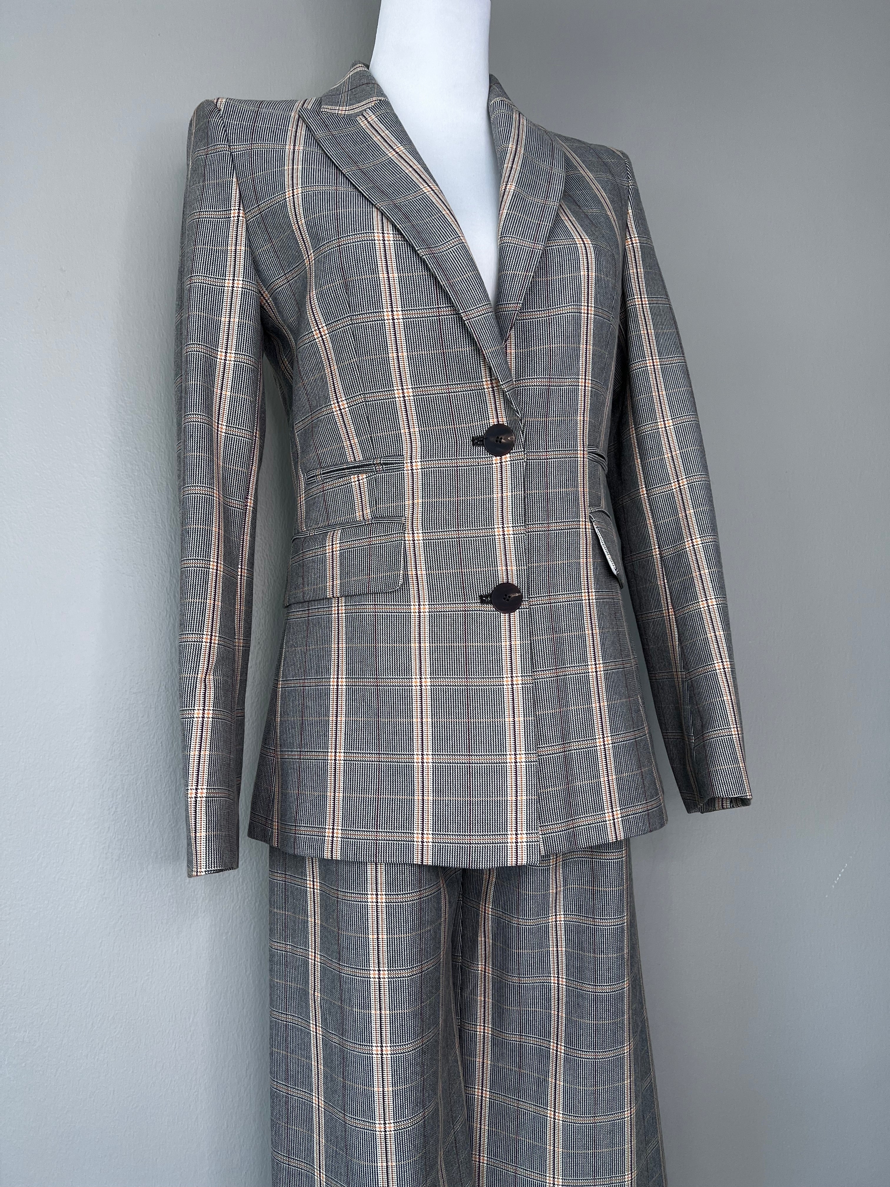 Grey & yellow plaid long fitted blazer with dress pants set - MAJE