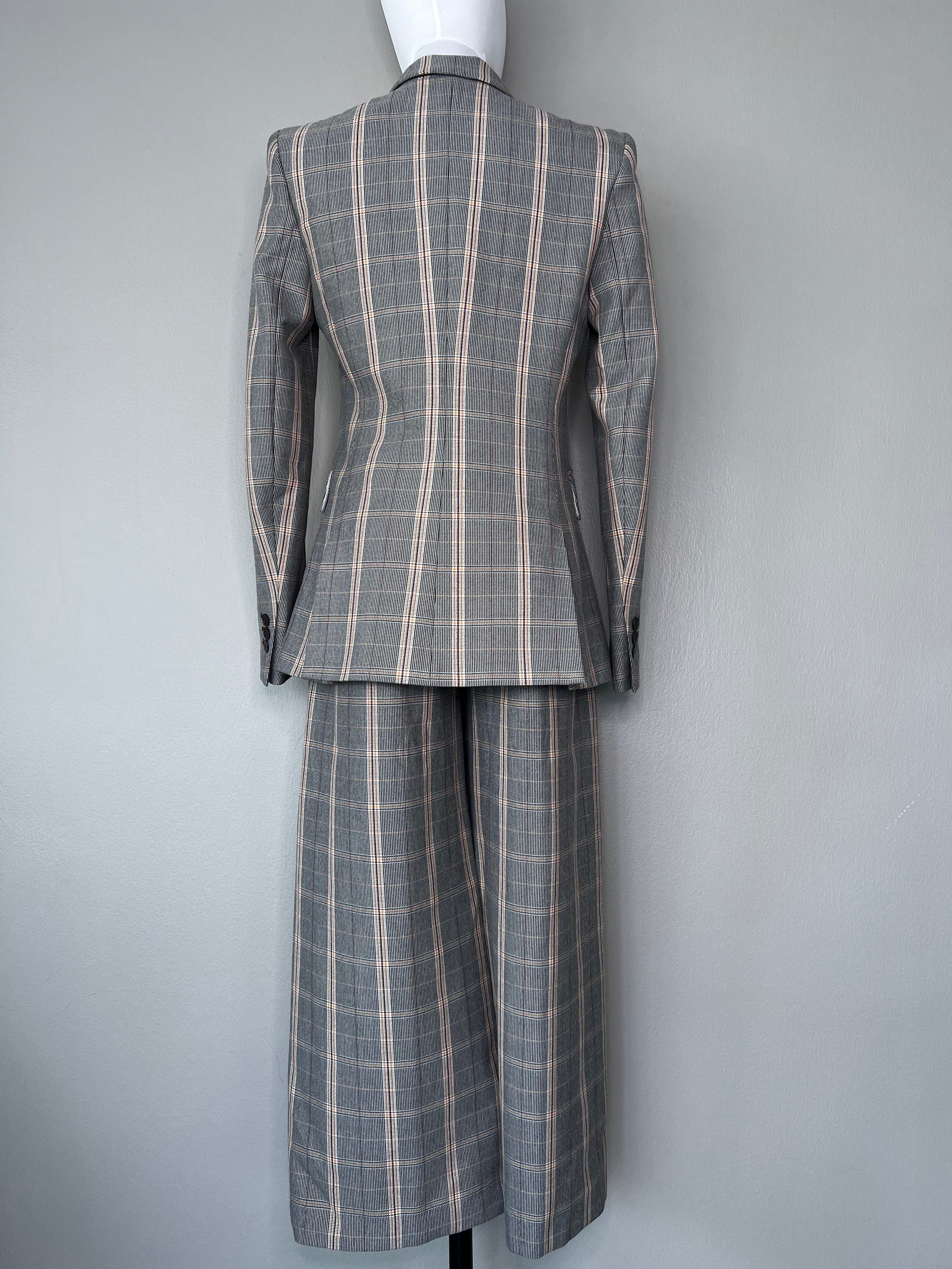 Grey & yellow plaid long fitted blazer with dress pants set - MAJE