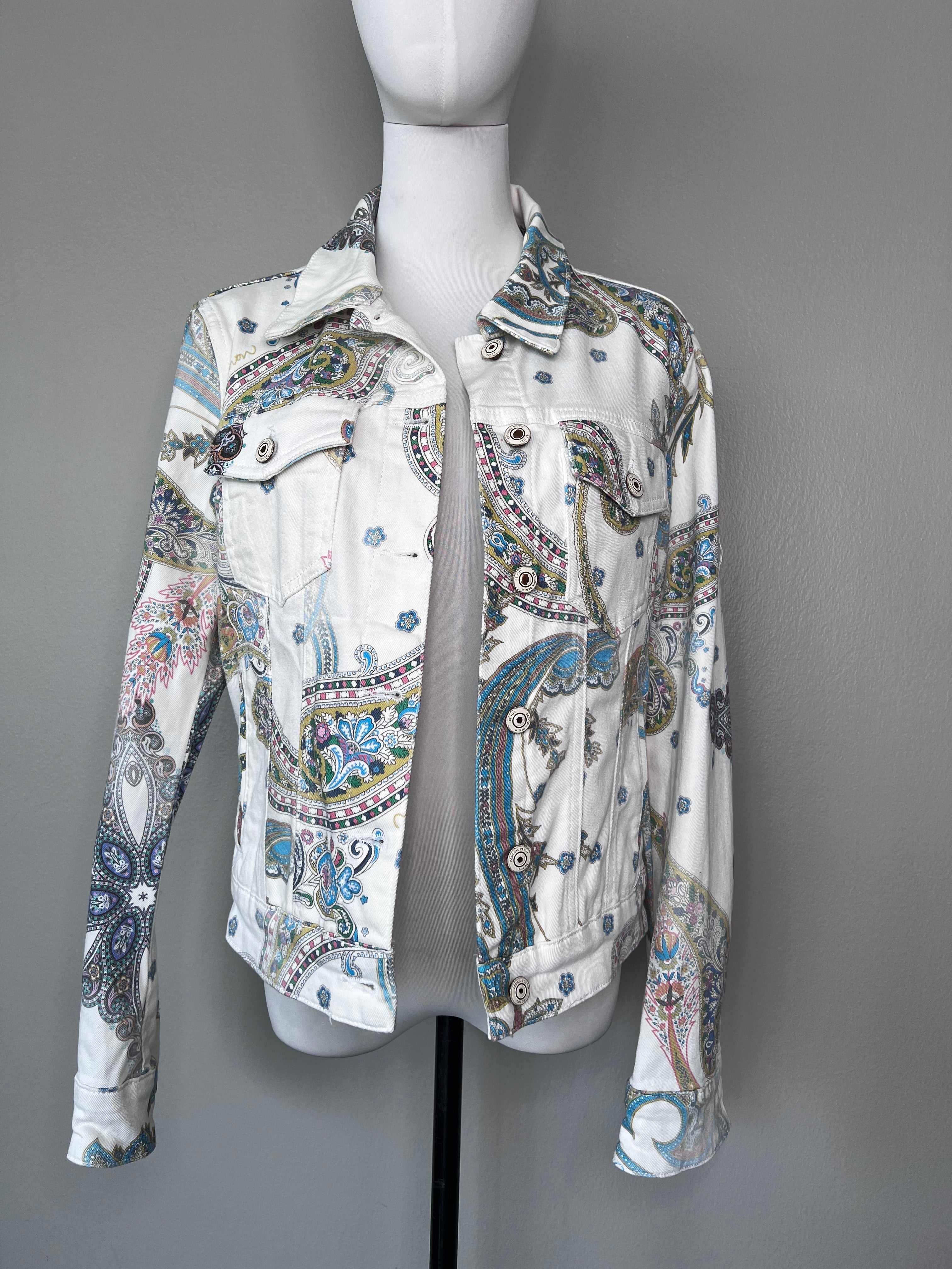 White denim jacket with multicolored bandana design throughout and buttons down the middle- DESIGUAL.