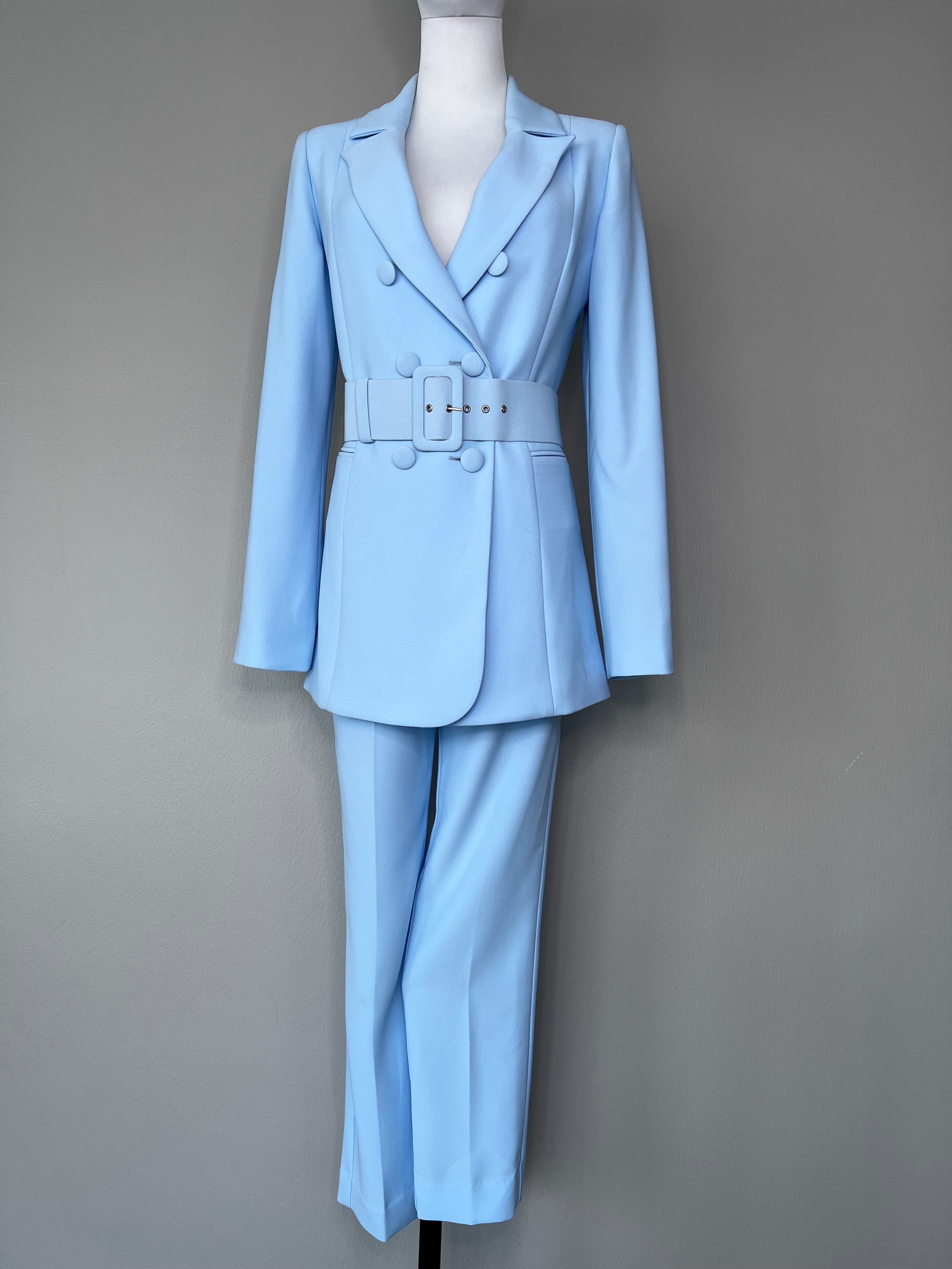 A set of Light blue suit set with big buttons, belt, and tight over the  ankle pants. - GLAMODA