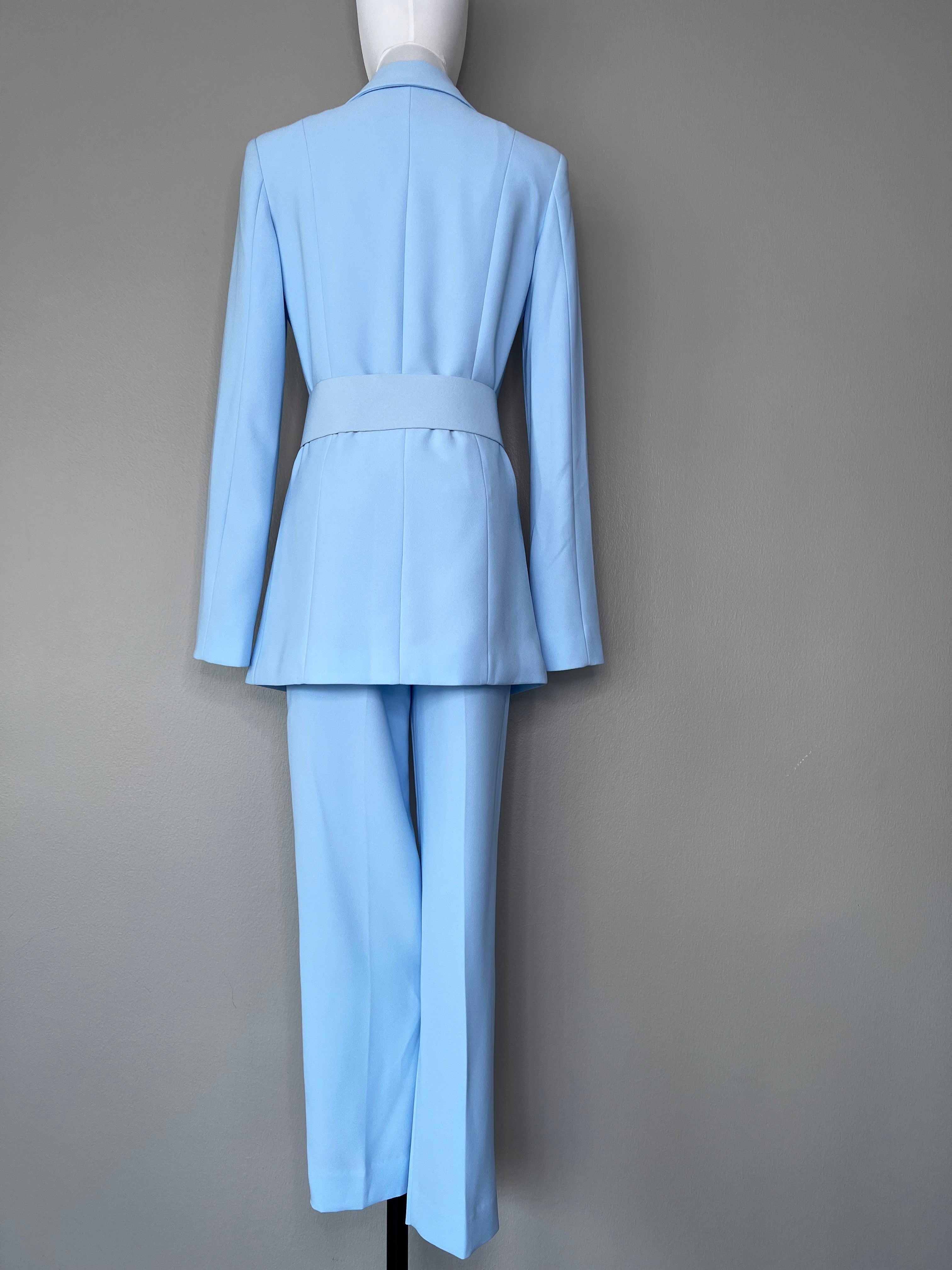 A set of Light blue suit set with big buttons, belt, and tight over the ankle pants. - GLAMODA