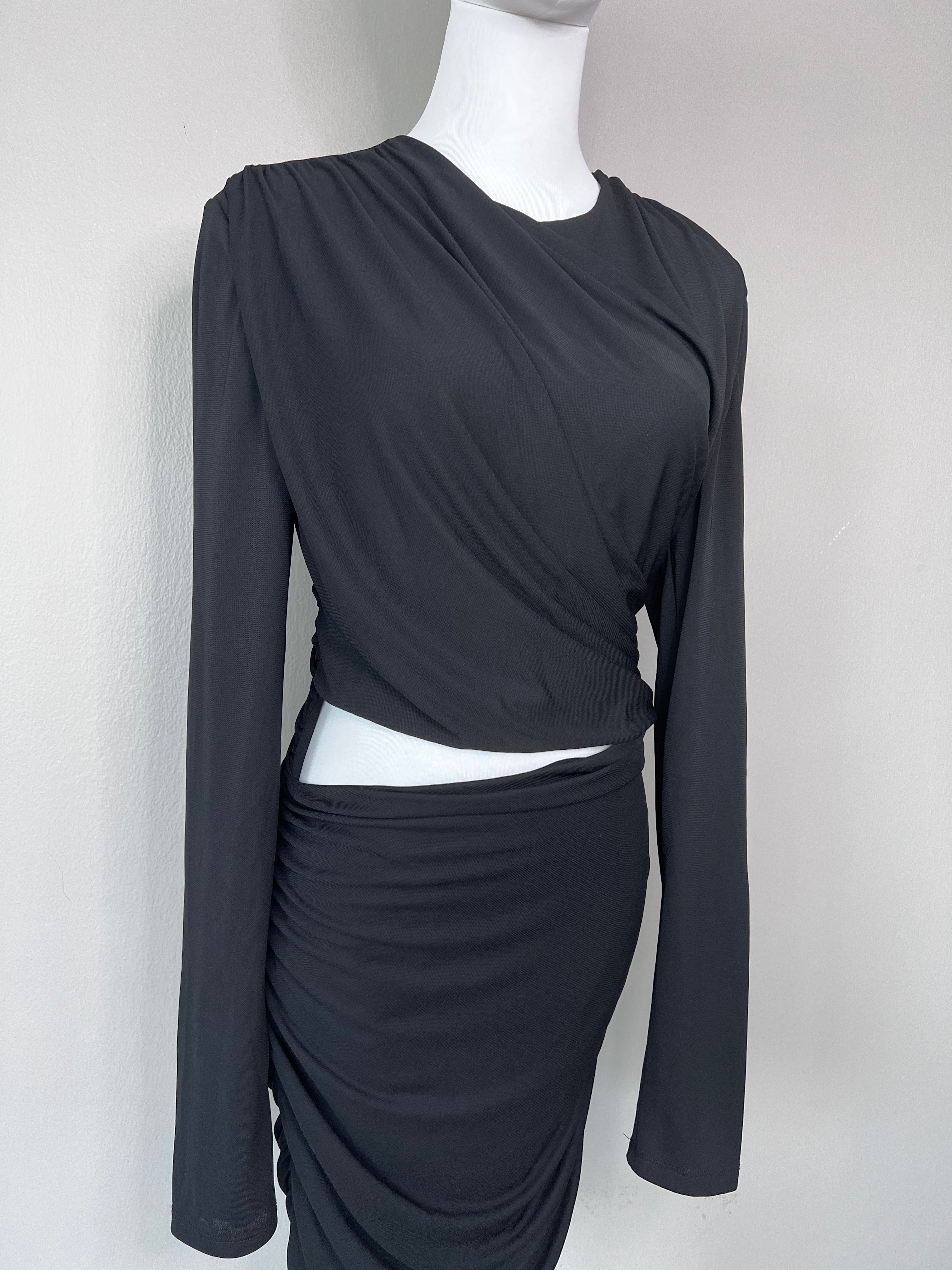Black long sleeve tie cut-out chiffon dress - ZARA