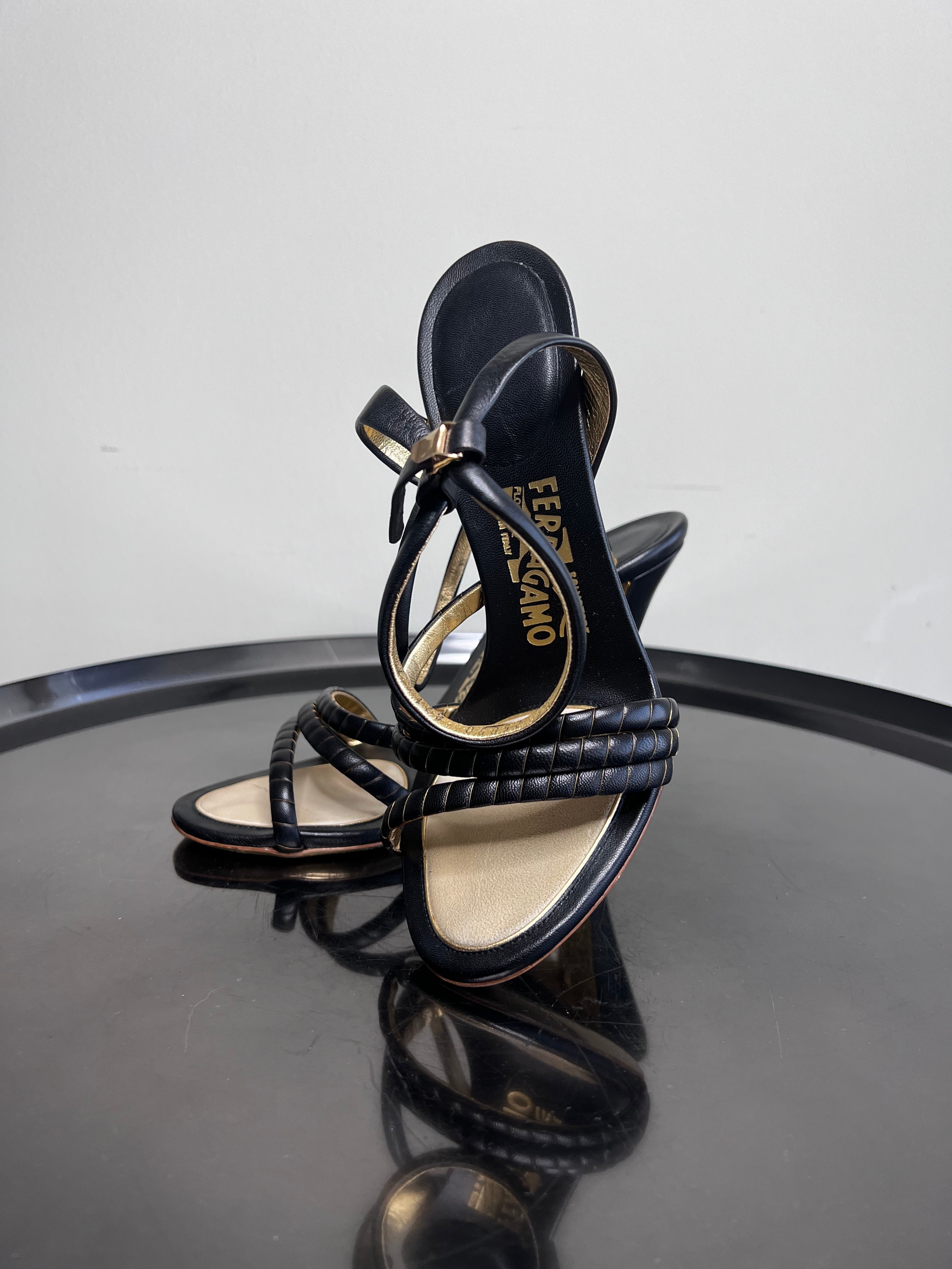 Black Gold Leather Bellamy Ankle strap Heel Sandals - Salvatore Ferragamo