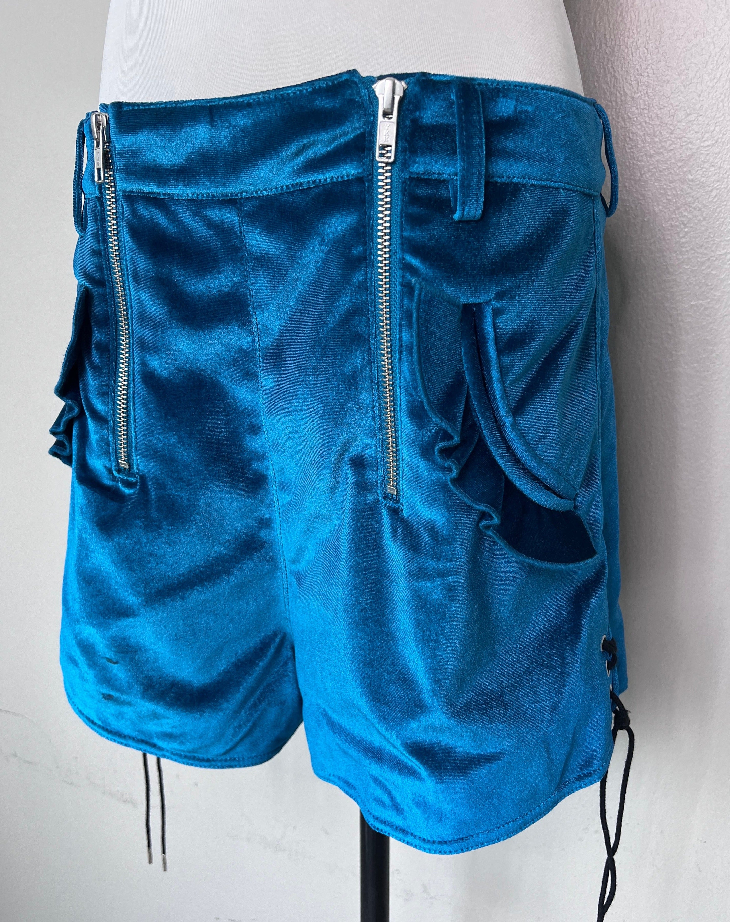 Blue velvet unique front zipper design mini shorts - SELF-PORTRAIT