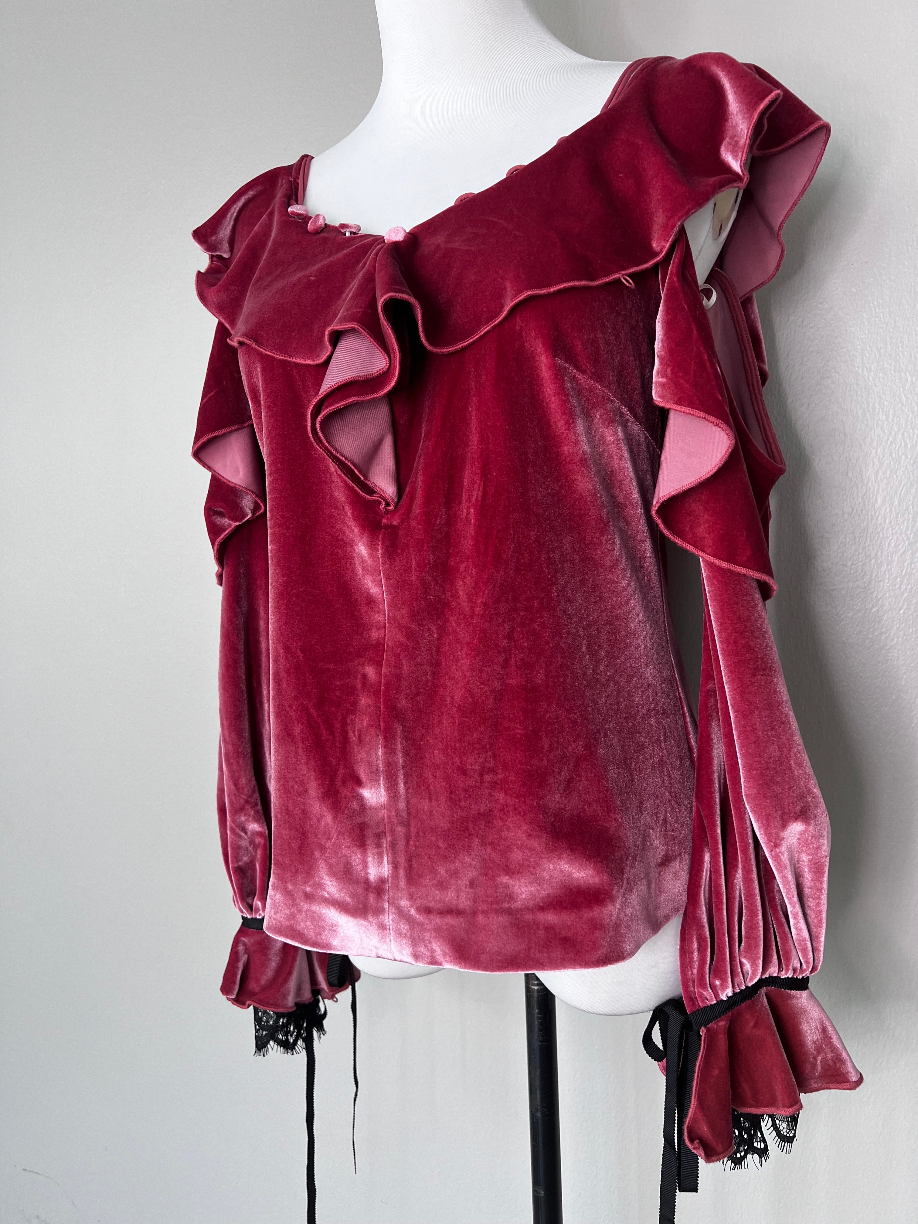 Pink velvet off-shoulder ruffled top with sheer sleeves - SELF-PORTRAIT