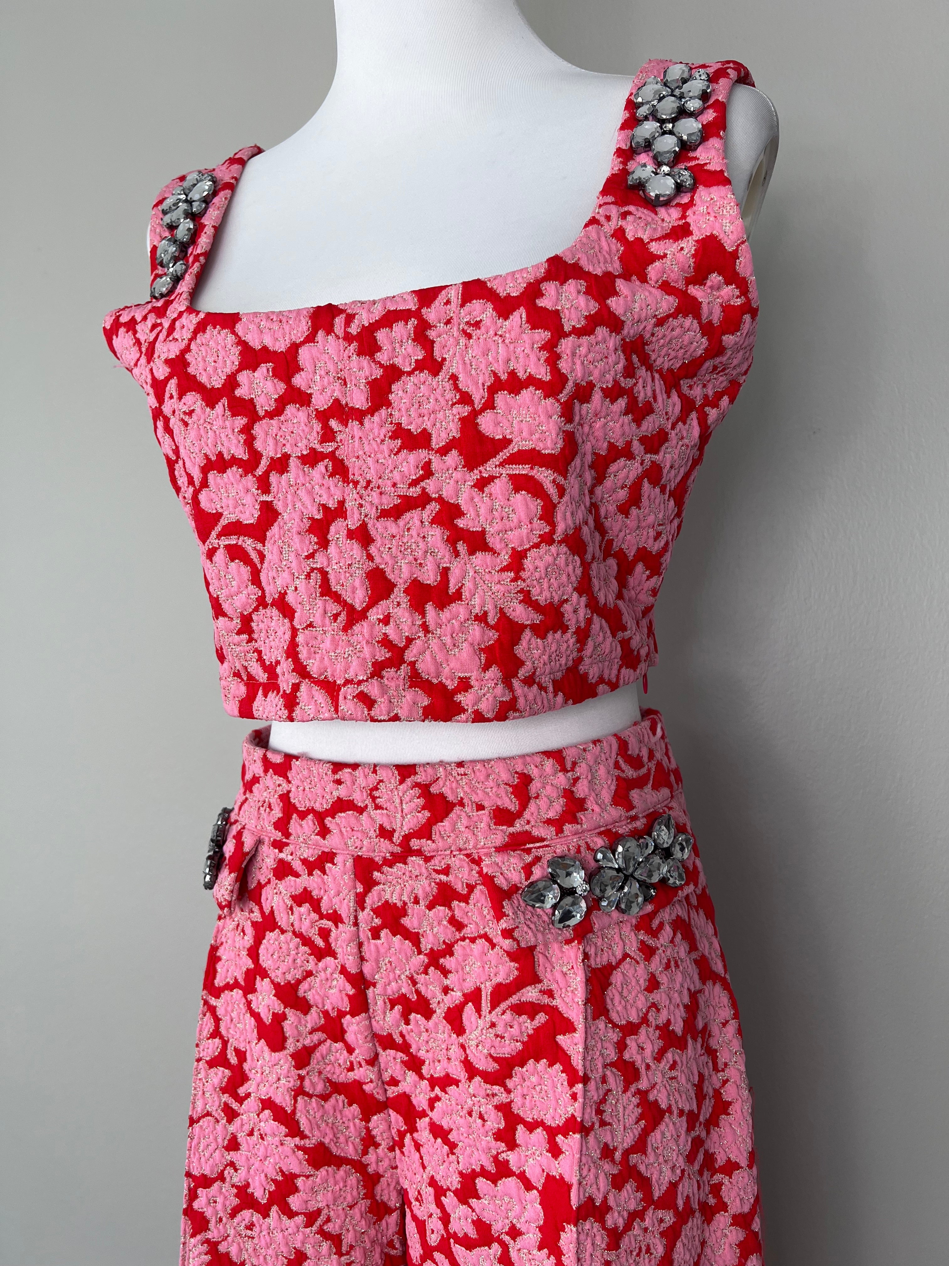 A set of Red & pink wool floral pattern with gemstone pockets flowy pants - ZARA