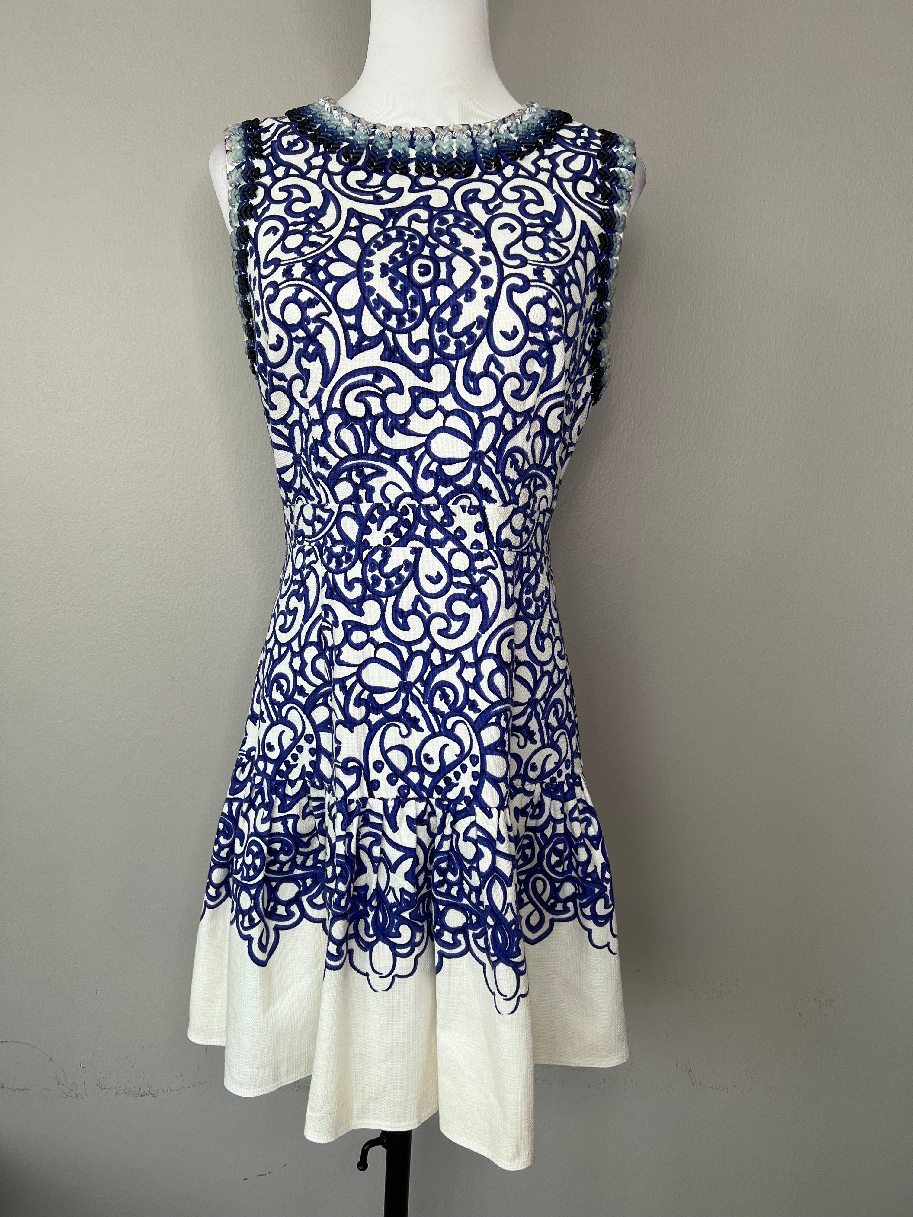 Royal blue and white ruffled dress with beaded details - MANOUSH
