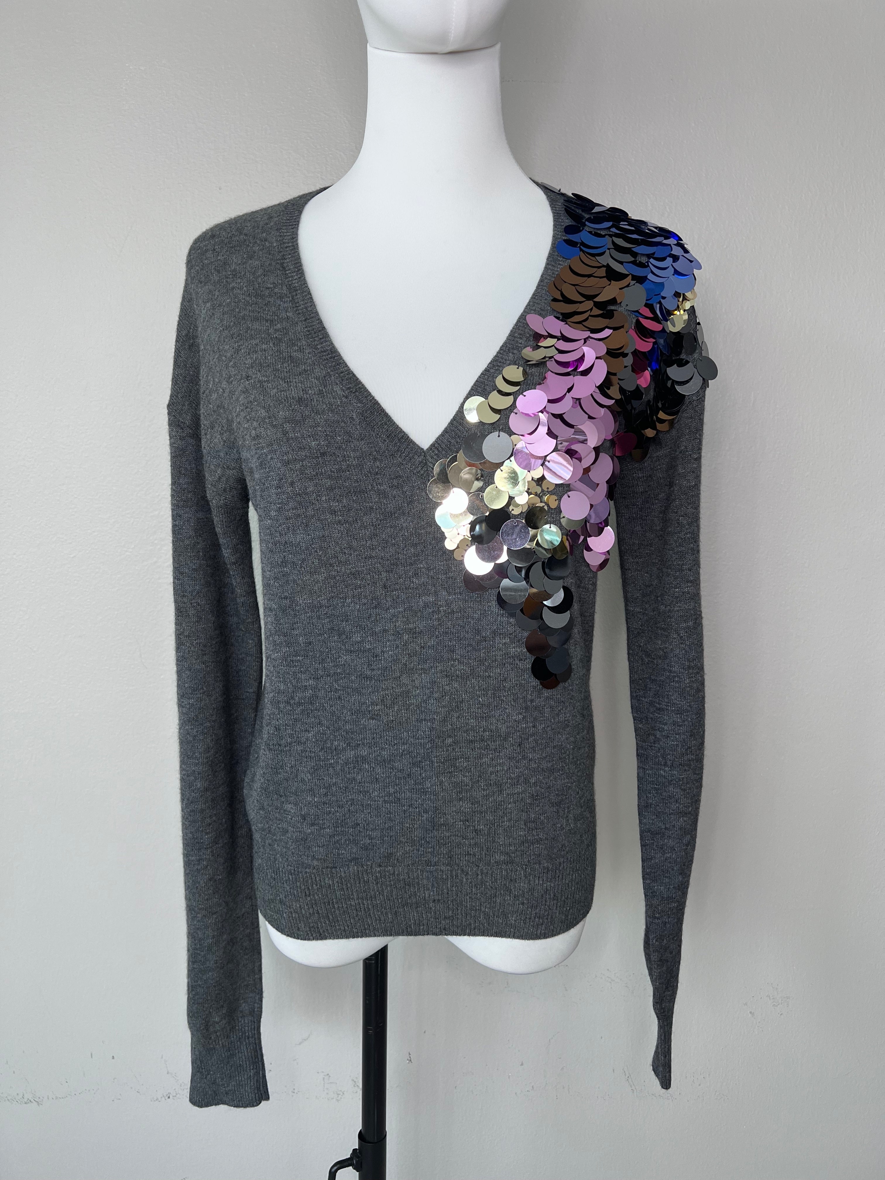 Grey wool sweater with deep v neckline and multicolored sequenced detail at the upper left side.-LIU.JO