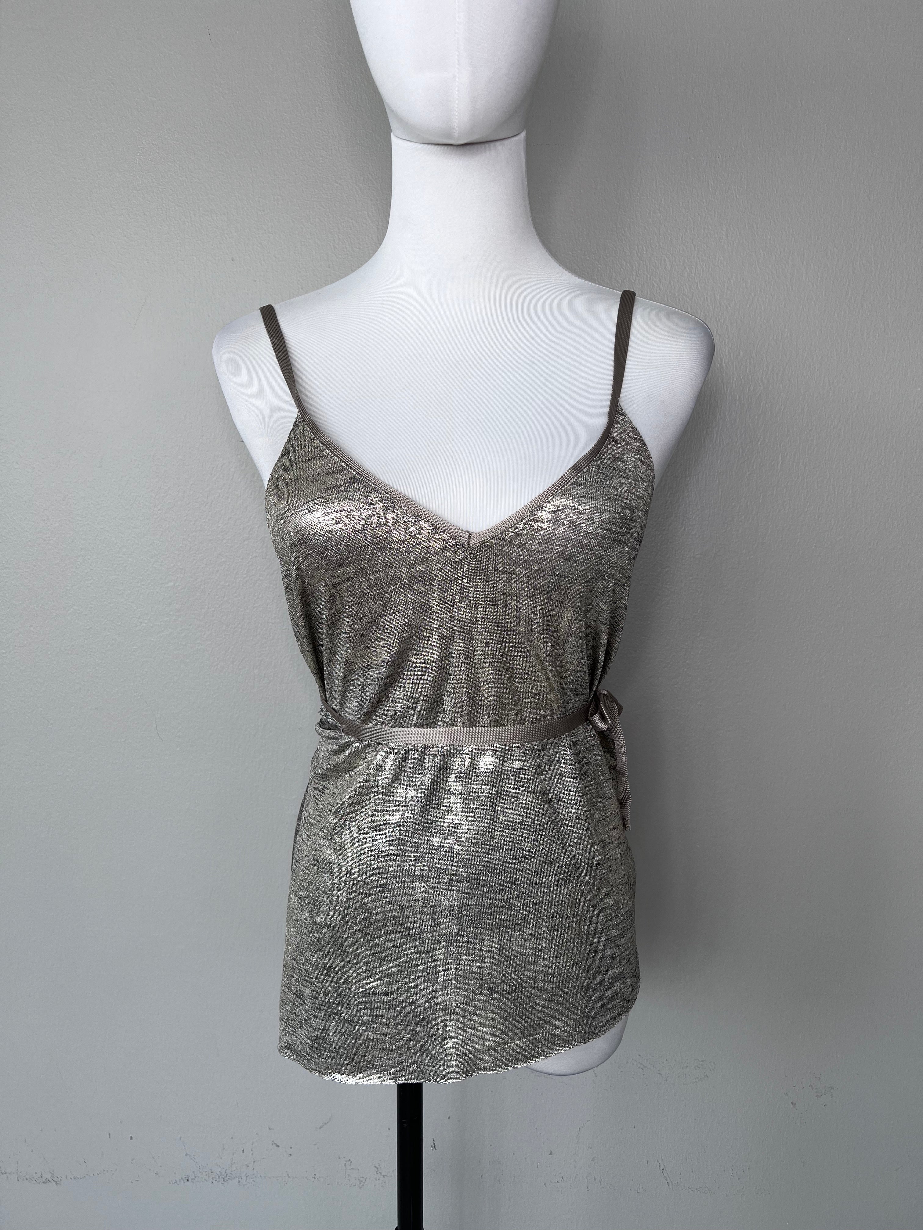 Silver Zara spaghetti strap top with reflective material, deep v neck and has tie up detailing in the back. - ZARA
