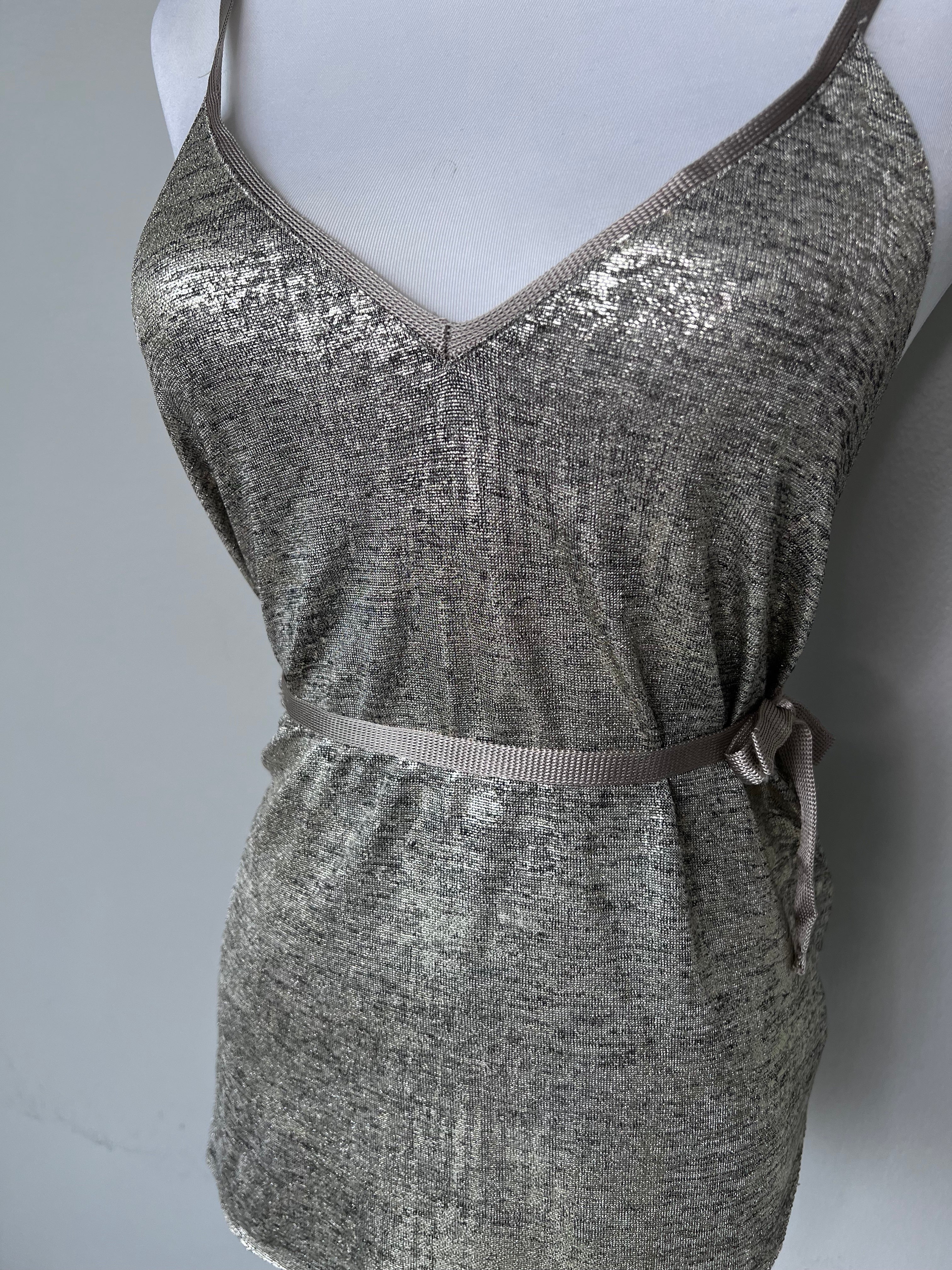 Silver Zara spaghetti strap top with reflective material, deep v neck and has tie up detailing in the back. - ZARA