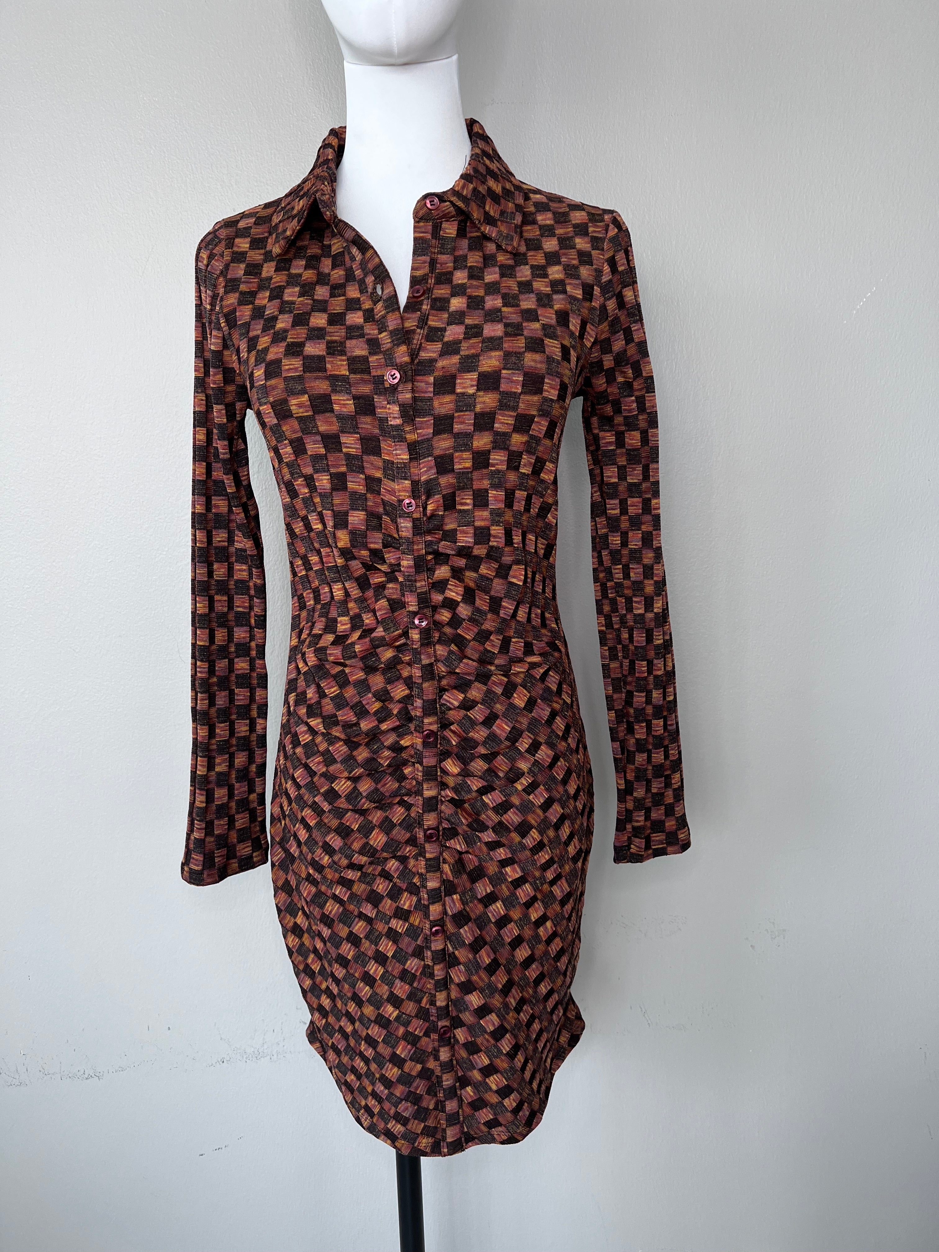 Collared Brown and black checkered dress - ZARA