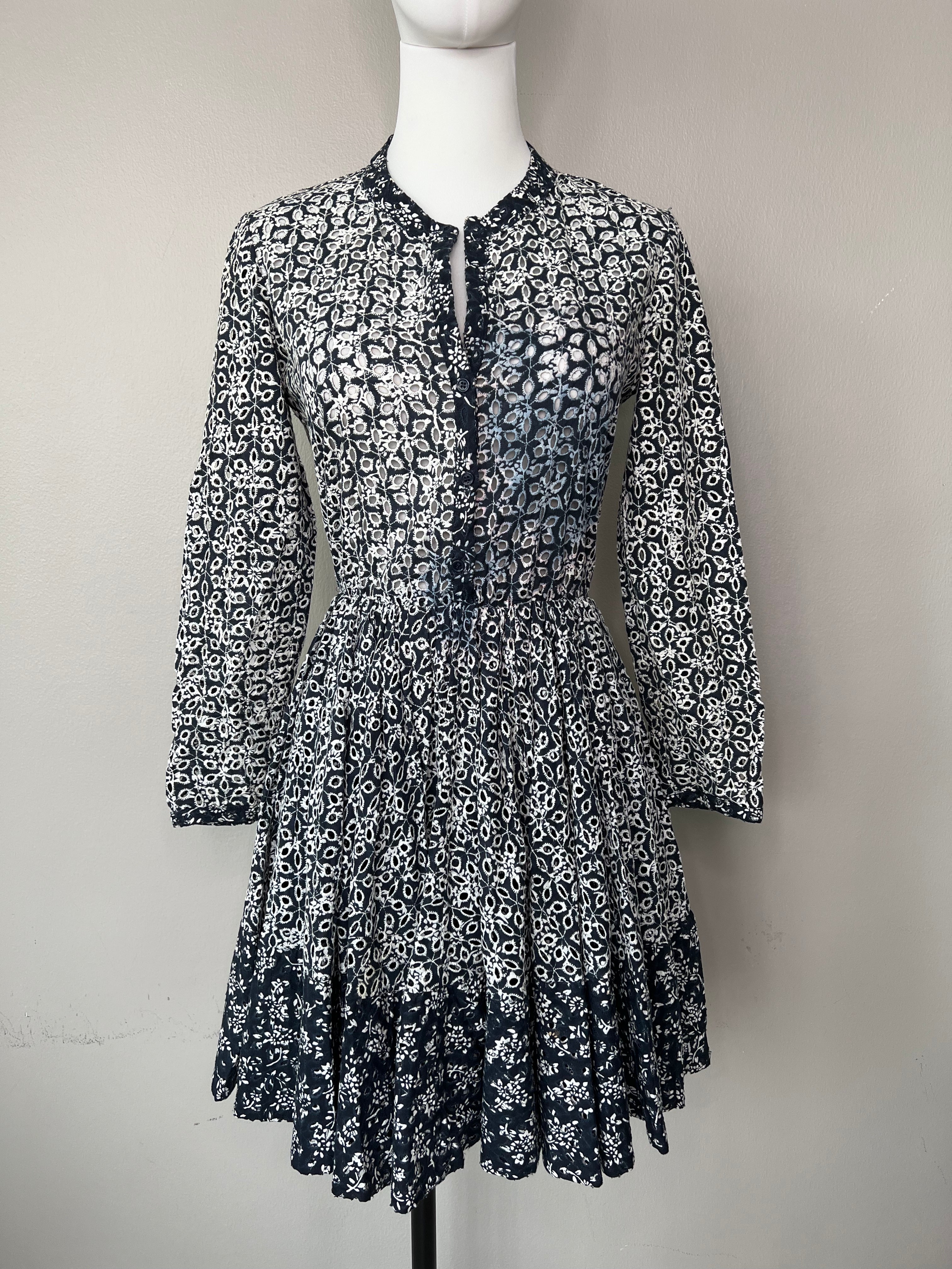 Navy blue A line dress with white floral designs - MAJE