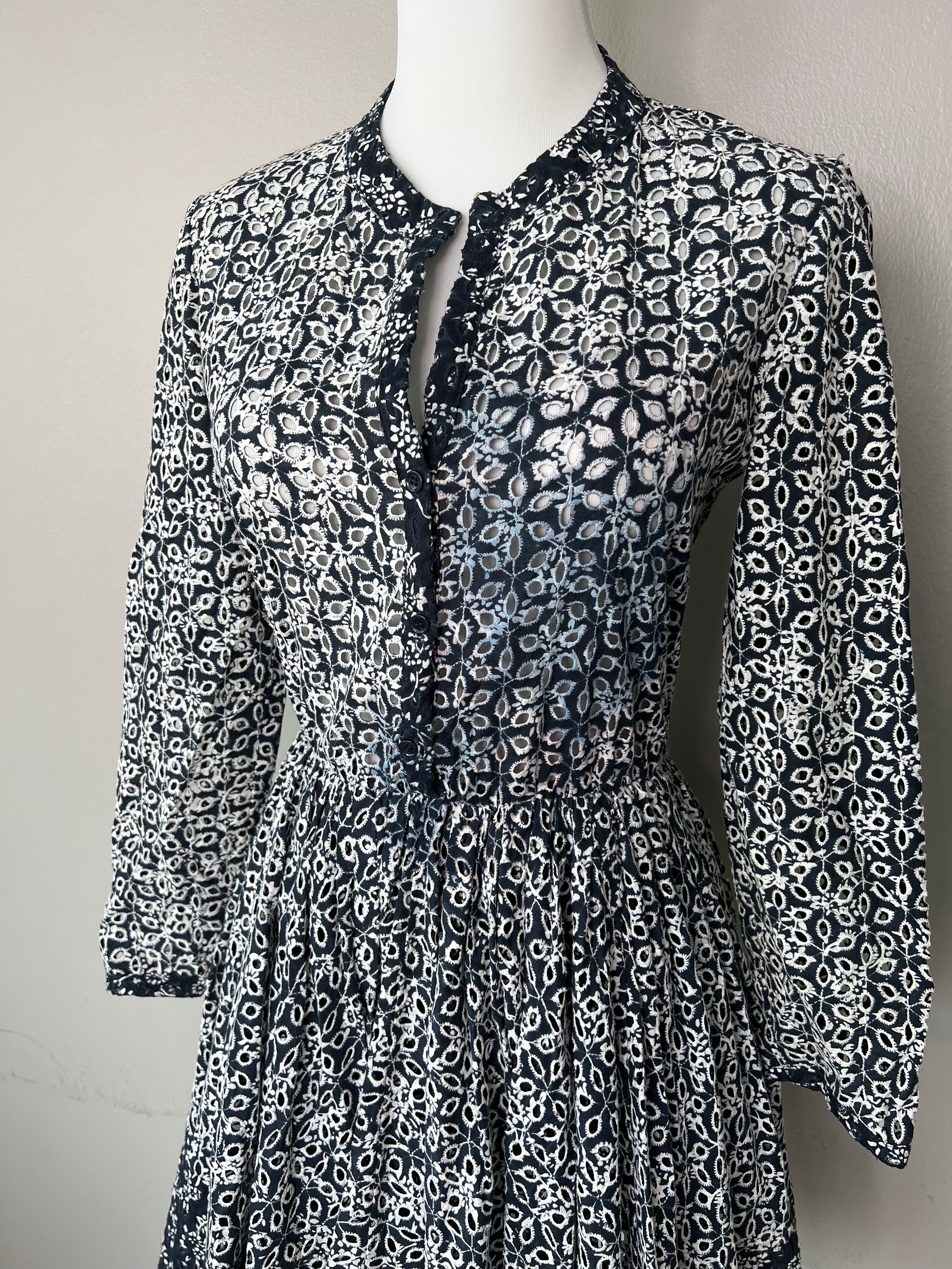 Navy blue A line dress with white floral designs - MAJE