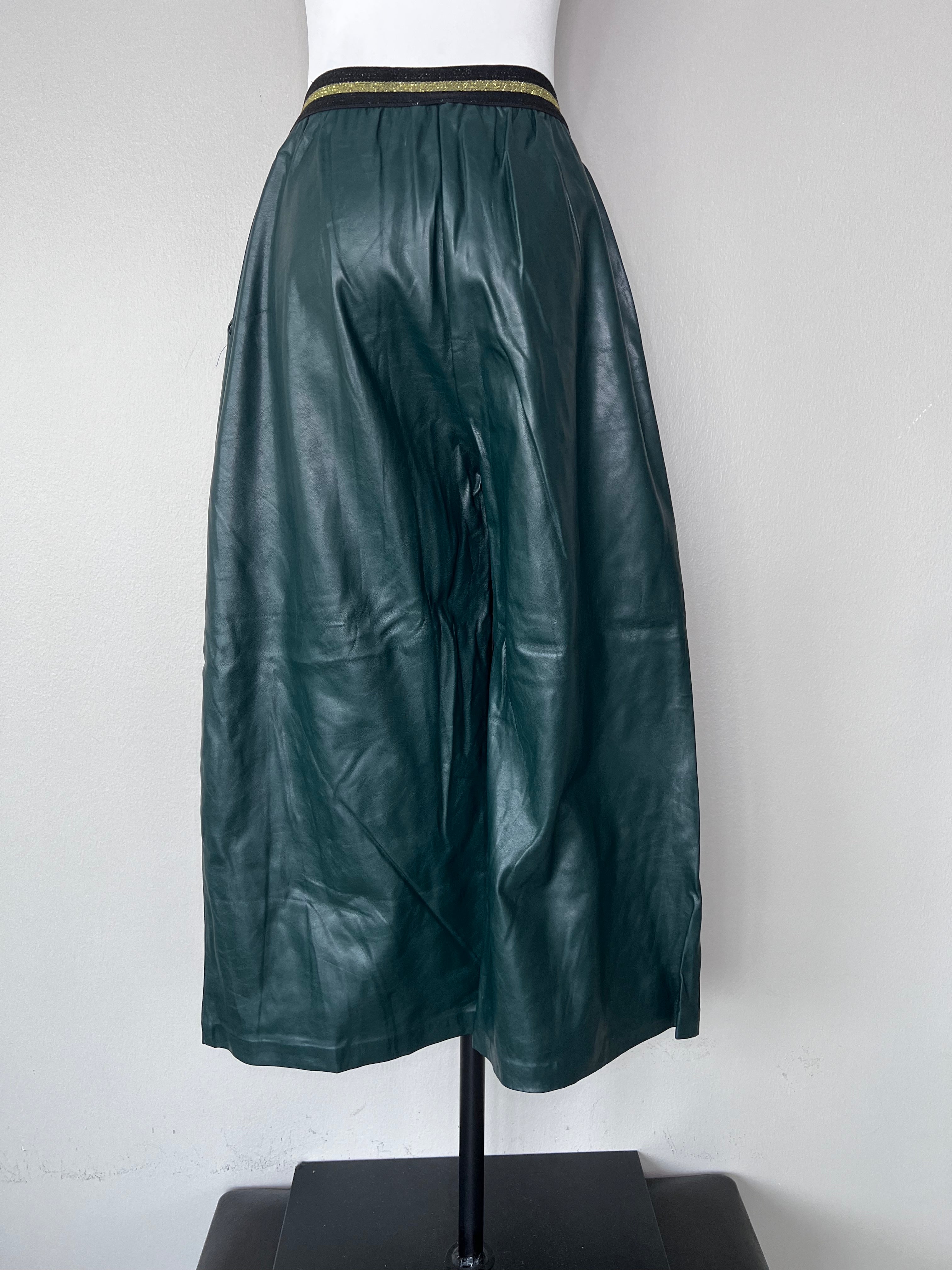 Dark green leather midi wide leg pants -suncoo