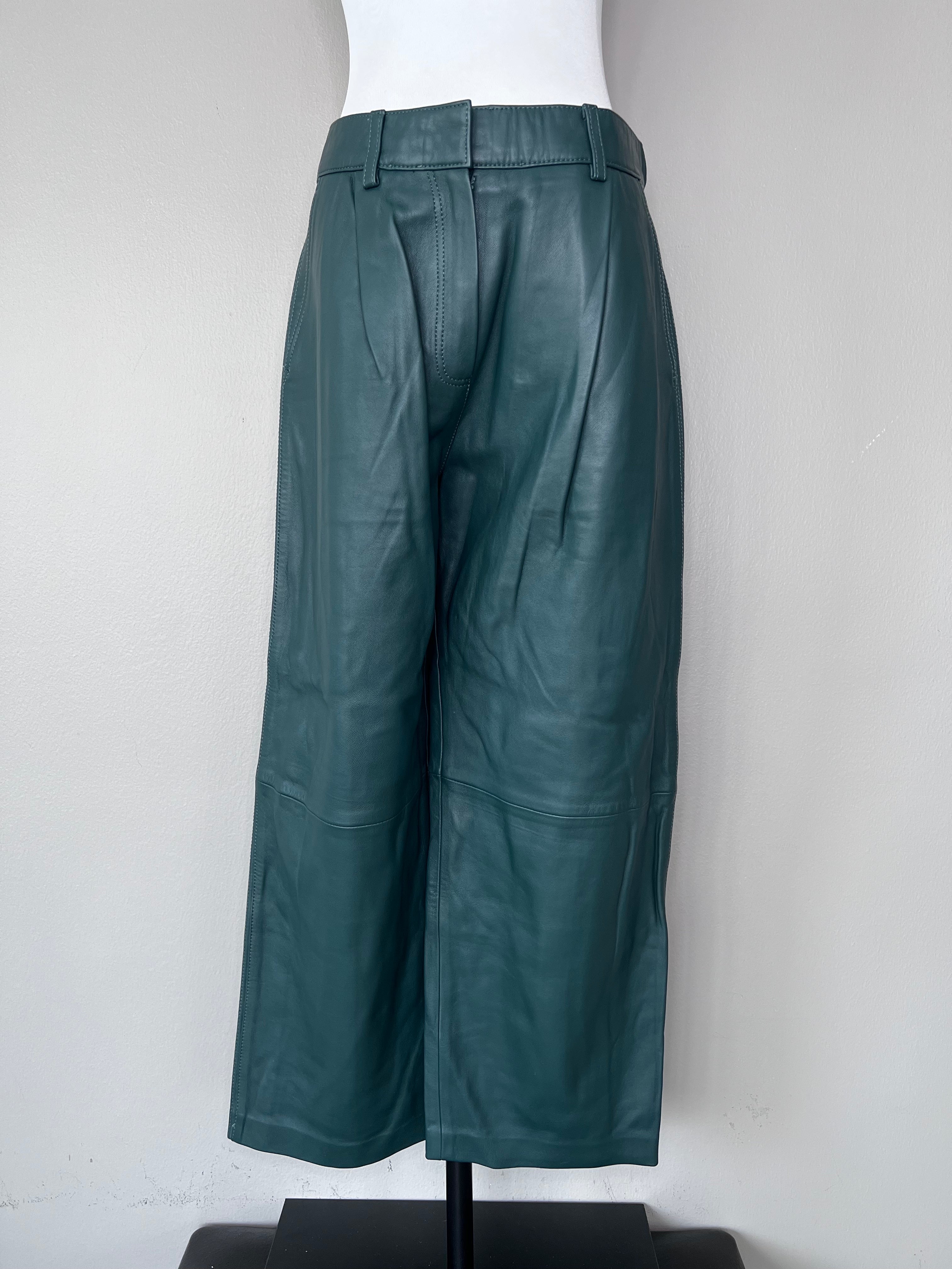 Green leather trousers with stitch detailing on the sides. - HILFIGER COLLECTION
