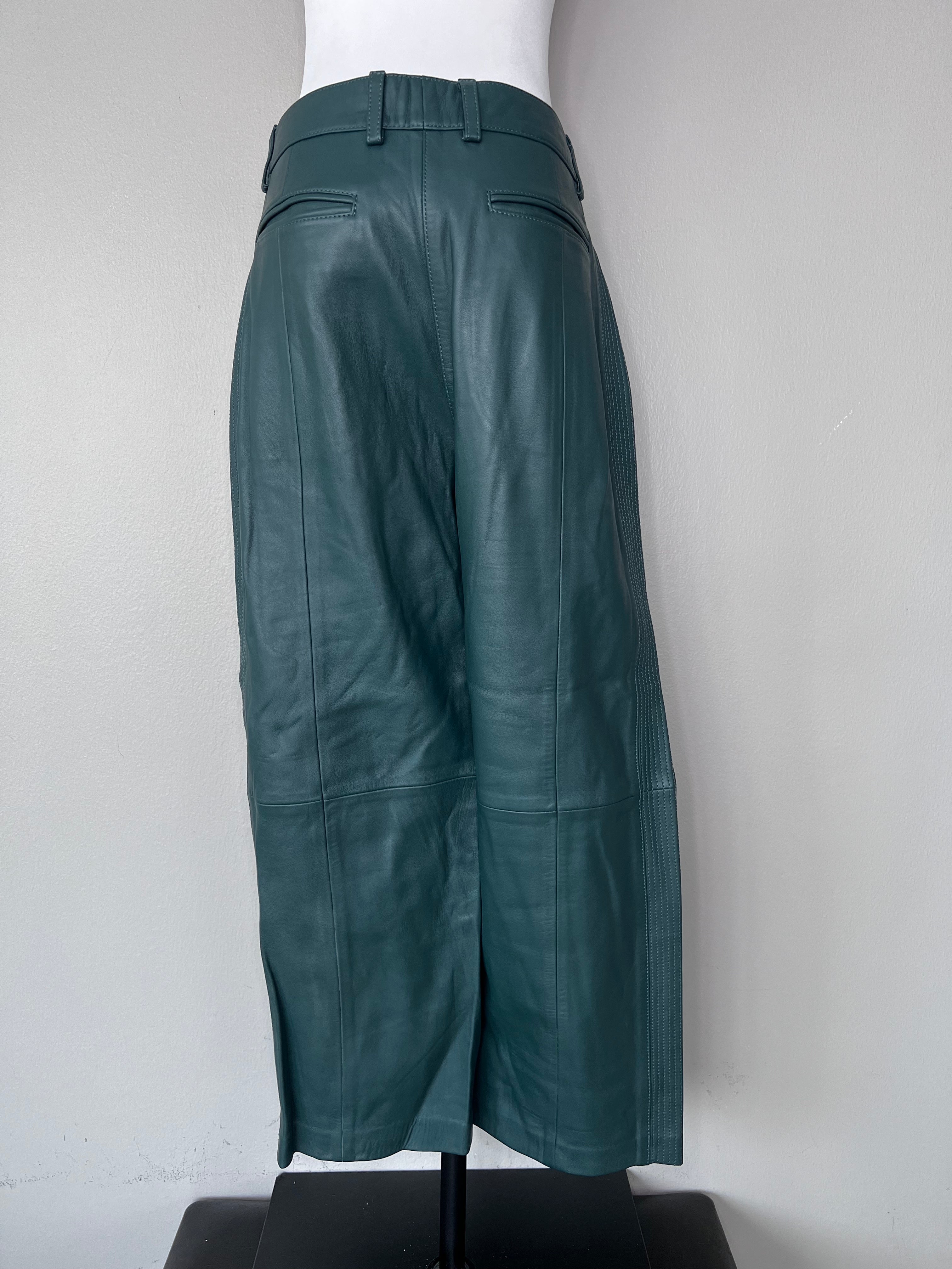 Green leather trousers with stitch detailing on the sides. - HILFIGER COLLECTION