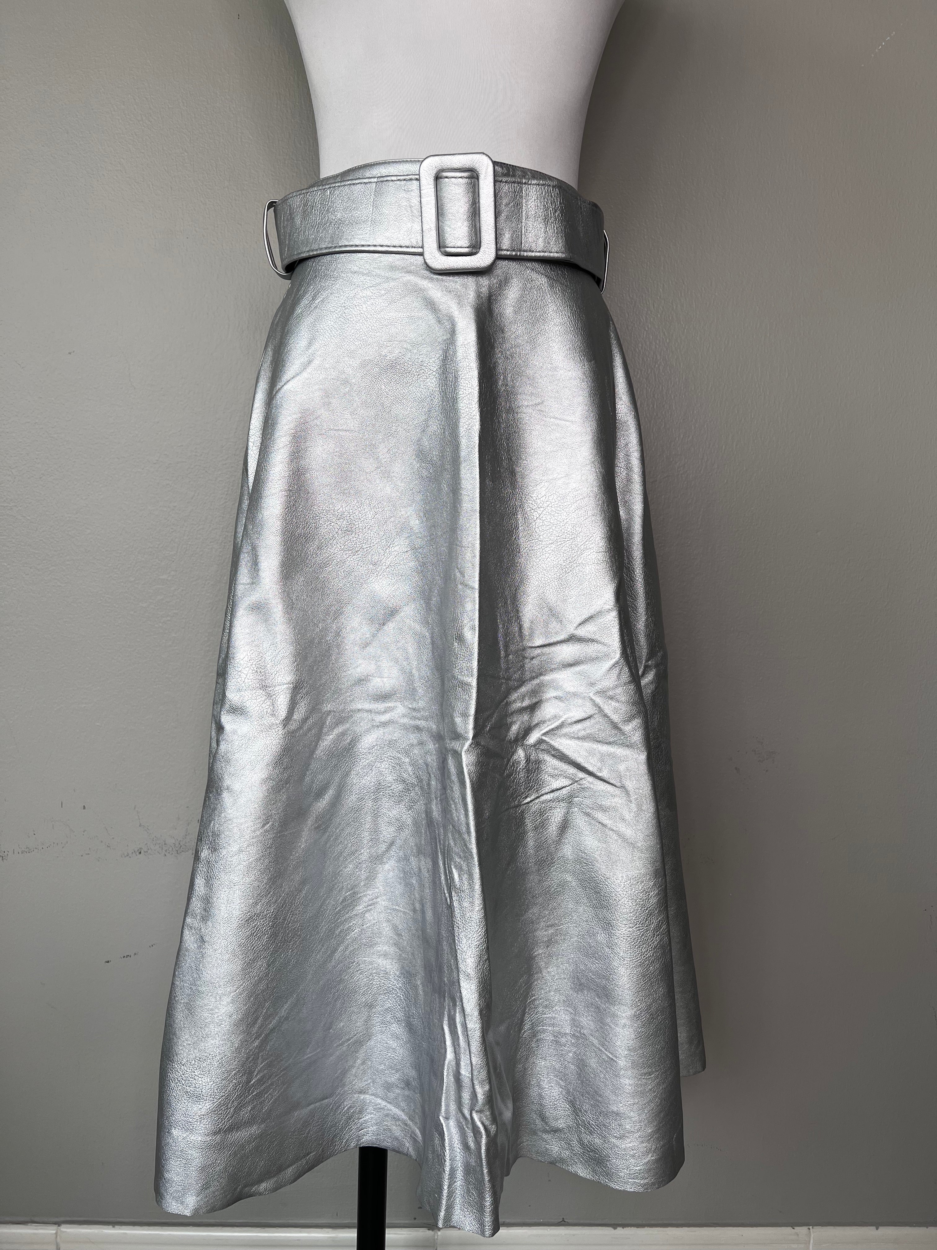 Silver Leather Midi A shape skirt- Imperial