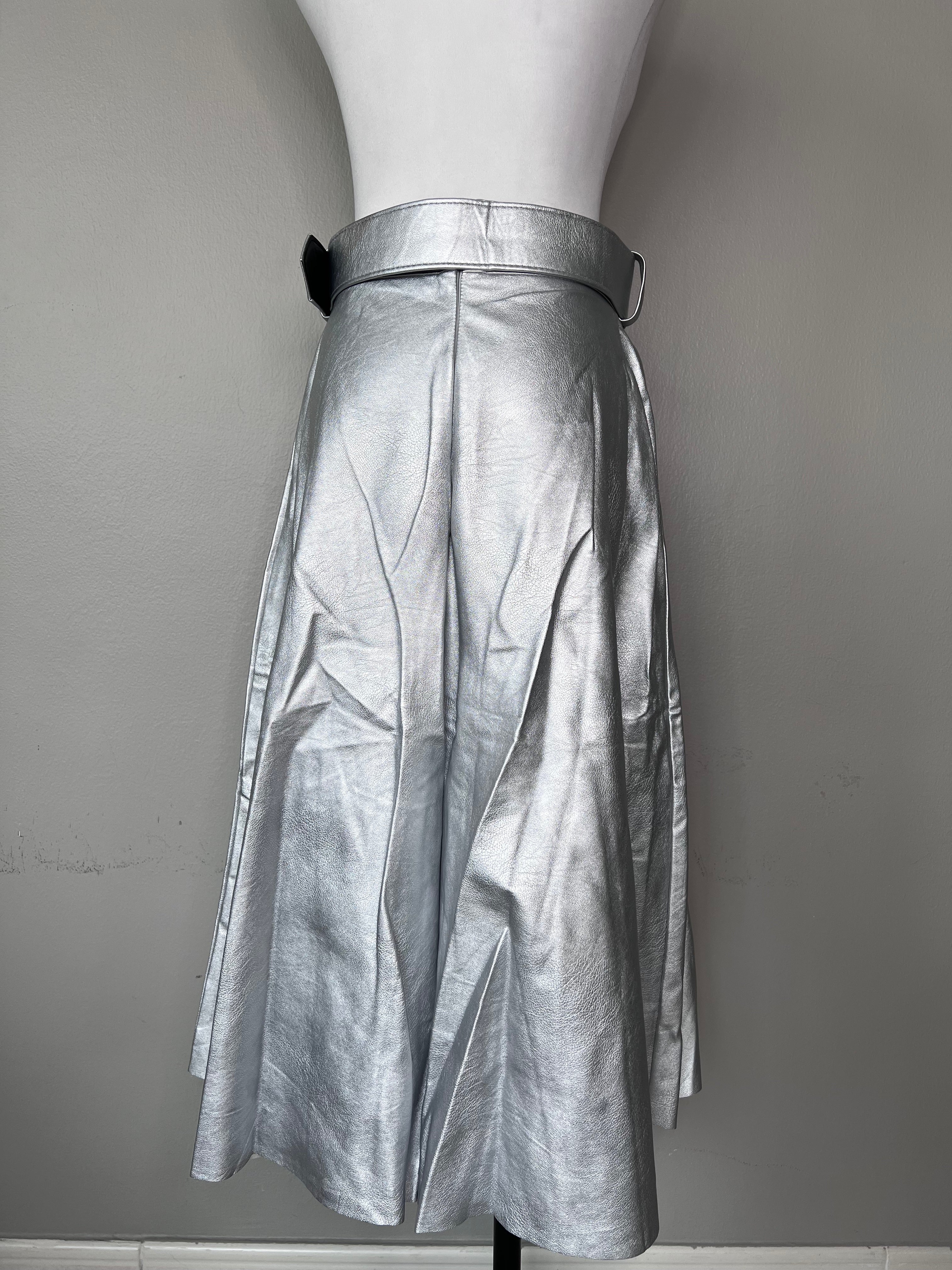 Silver Leather Midi A shape skirt- Imperial