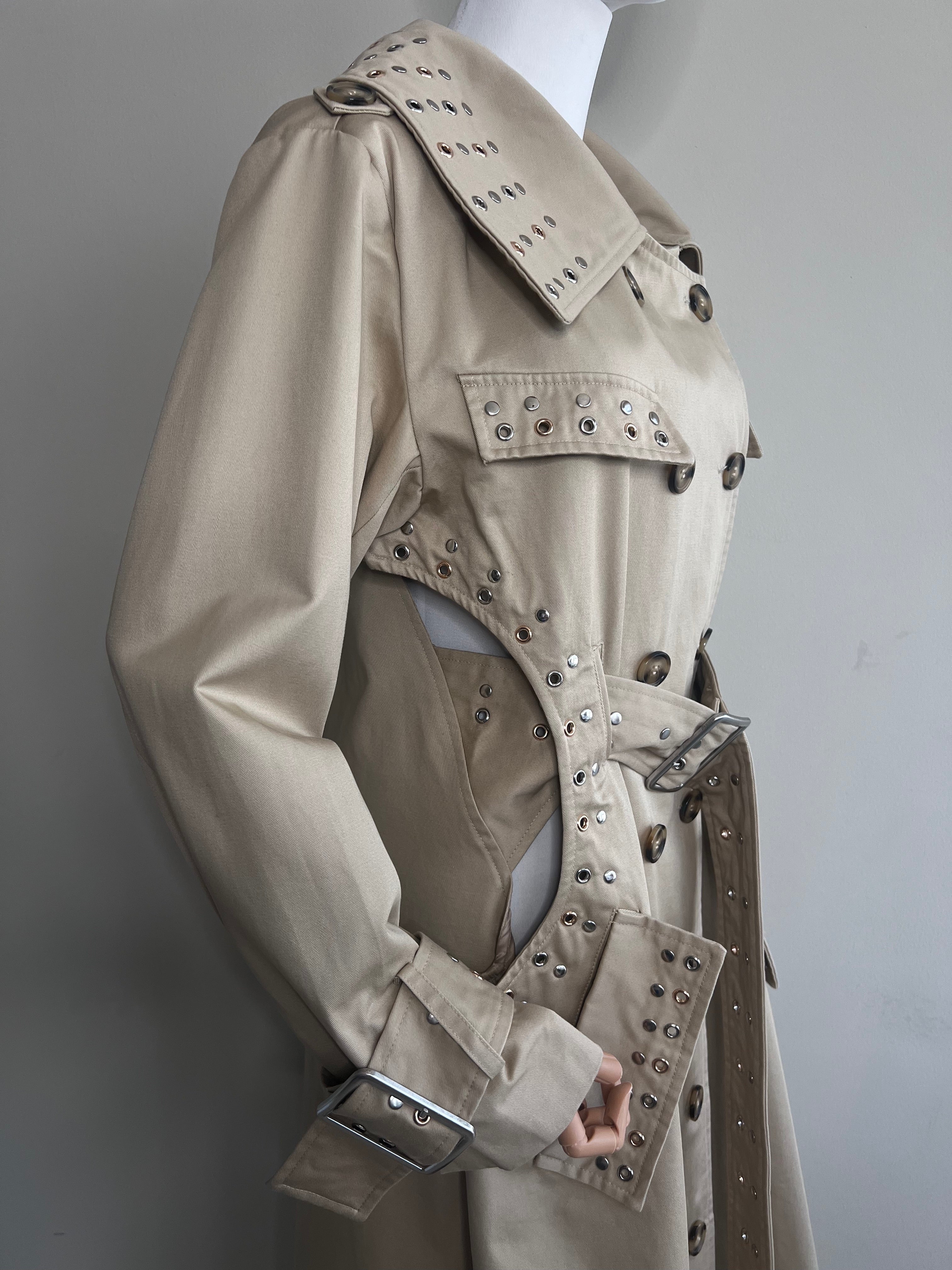 Beige Double Breasted side Cut-out stylish Trench Coat - MAYKA