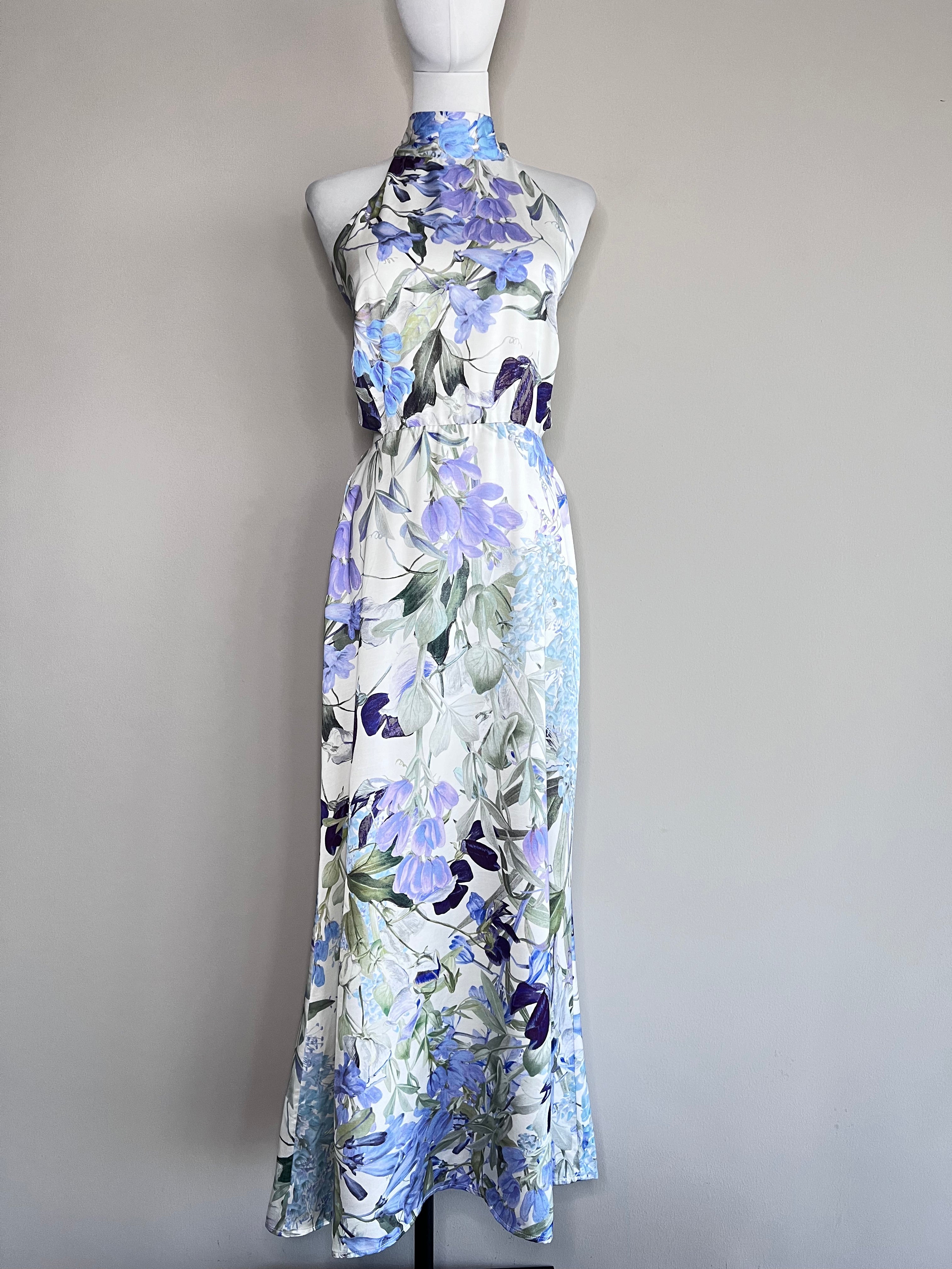 white and blue floral print Slim fit halterneck maxi dress - Los Angeles Atelier