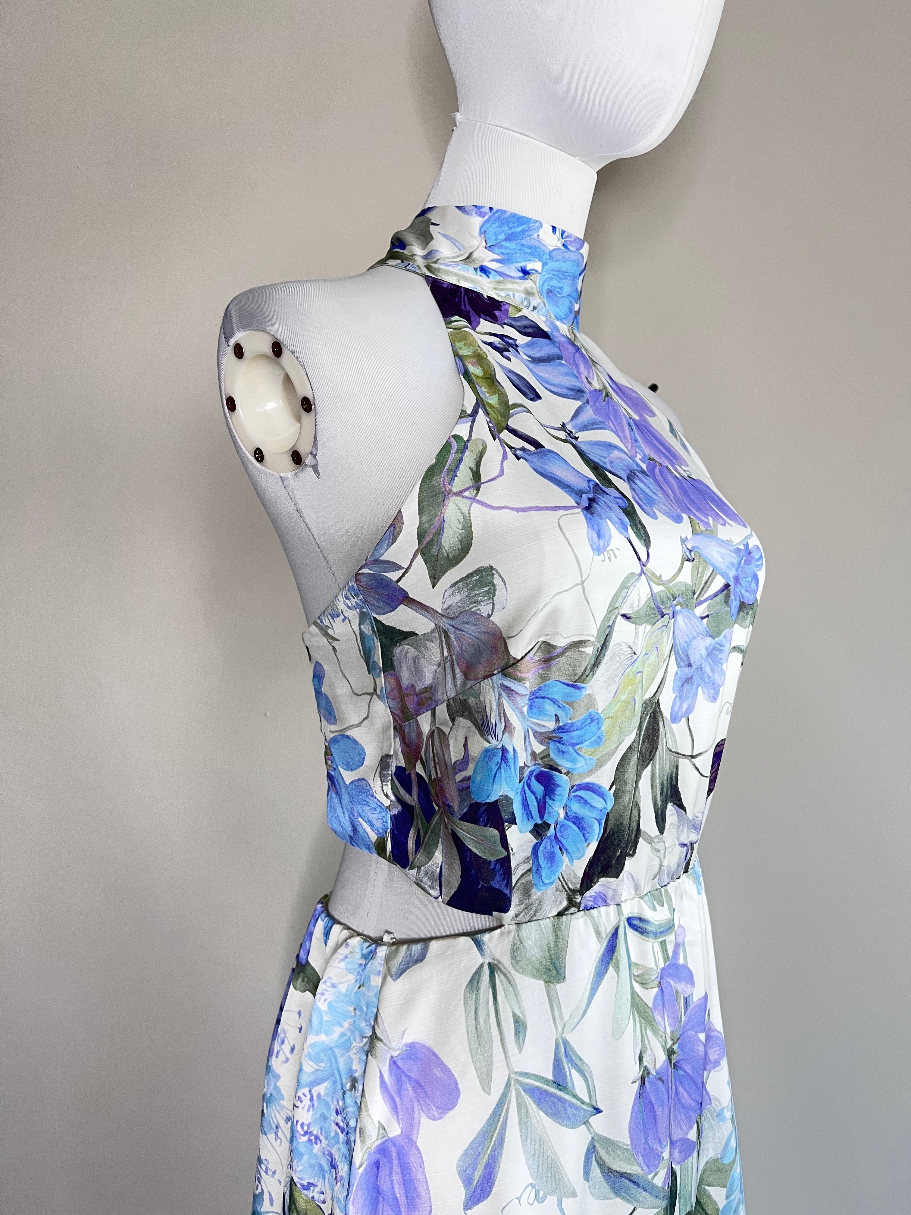 white and blue floral print Slim fit halterneck maxi dress - Los Angeles Atelier