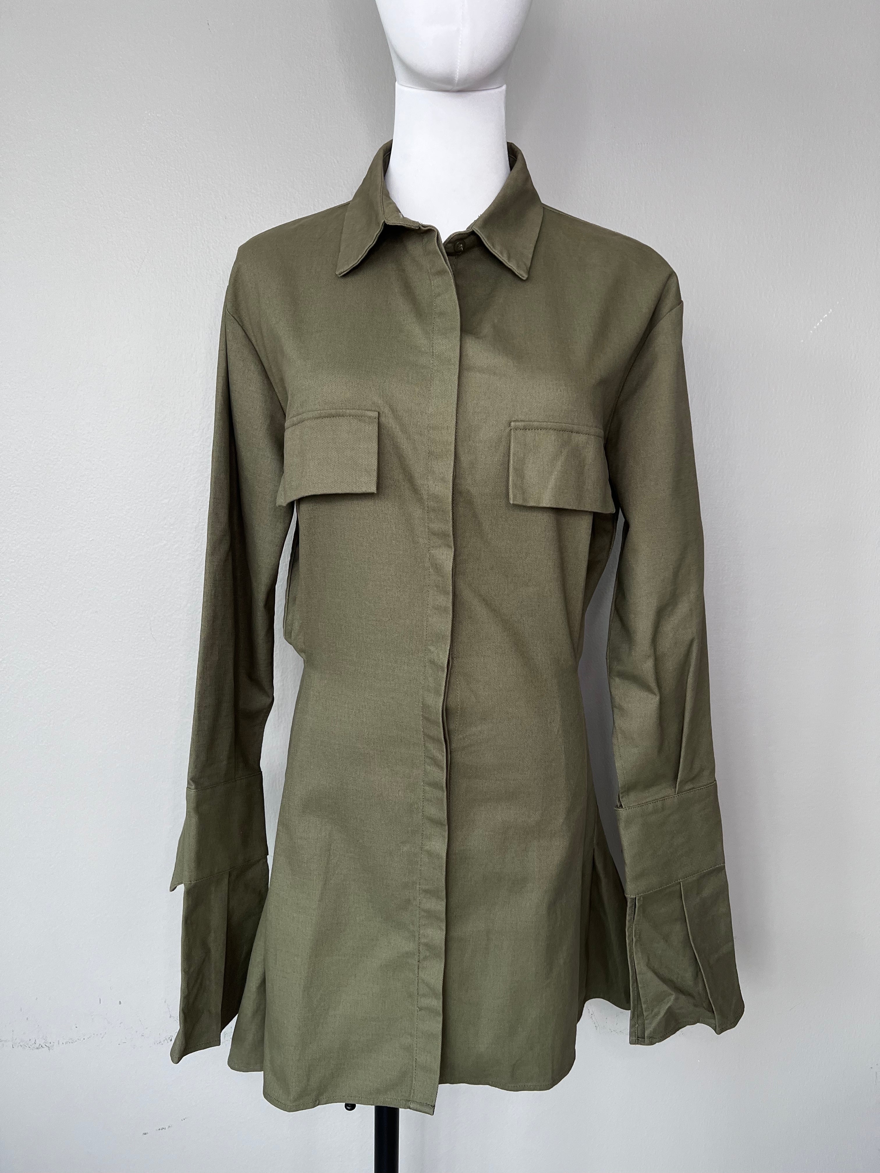 Mid-length long-sleeve green shirt dress cinched at the waist with bulky pockets. - LIONESS