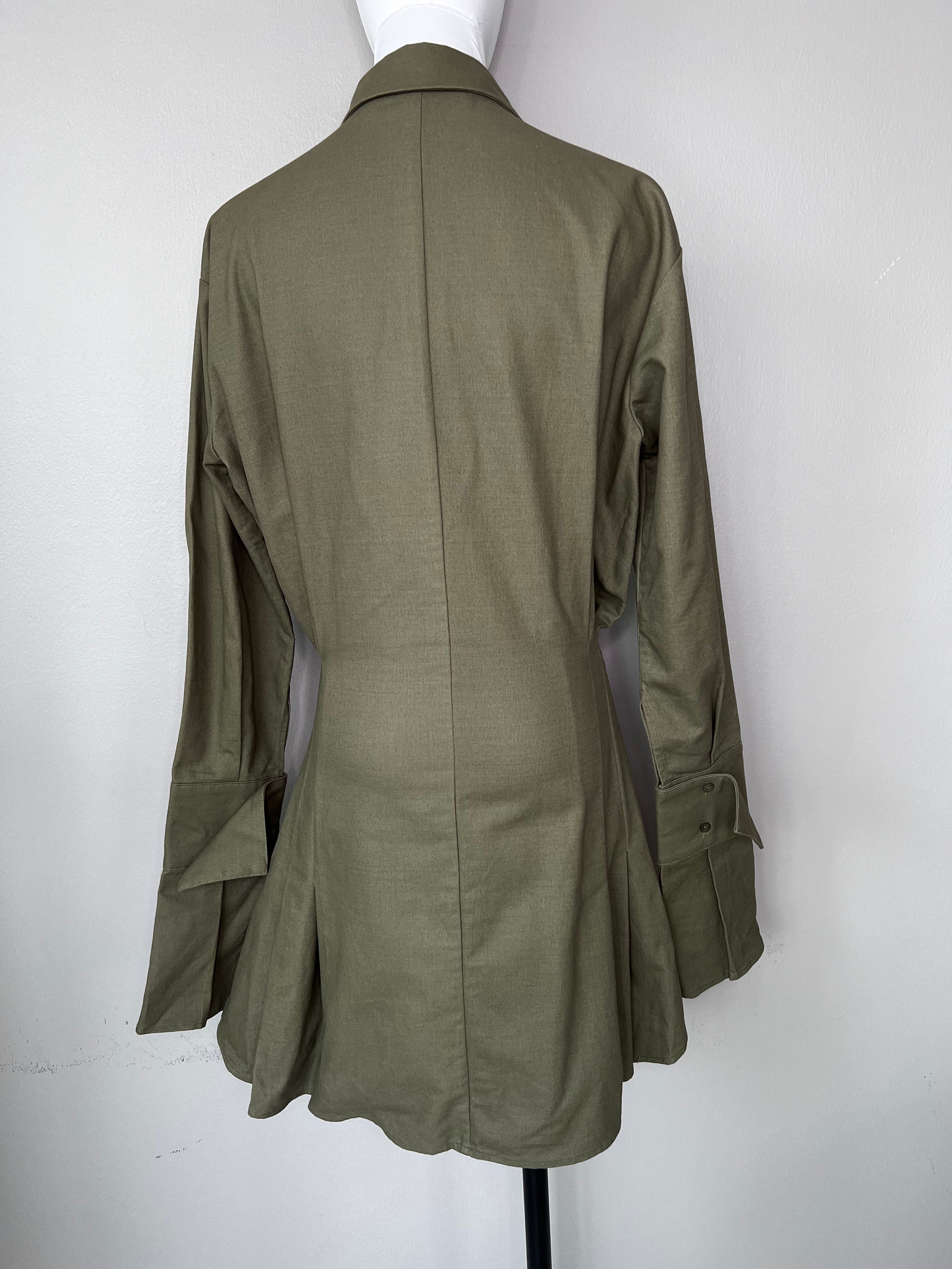 Mid-length long-sleeve green shirt dress cinched at the waist with bulky pockets. - LIONESS