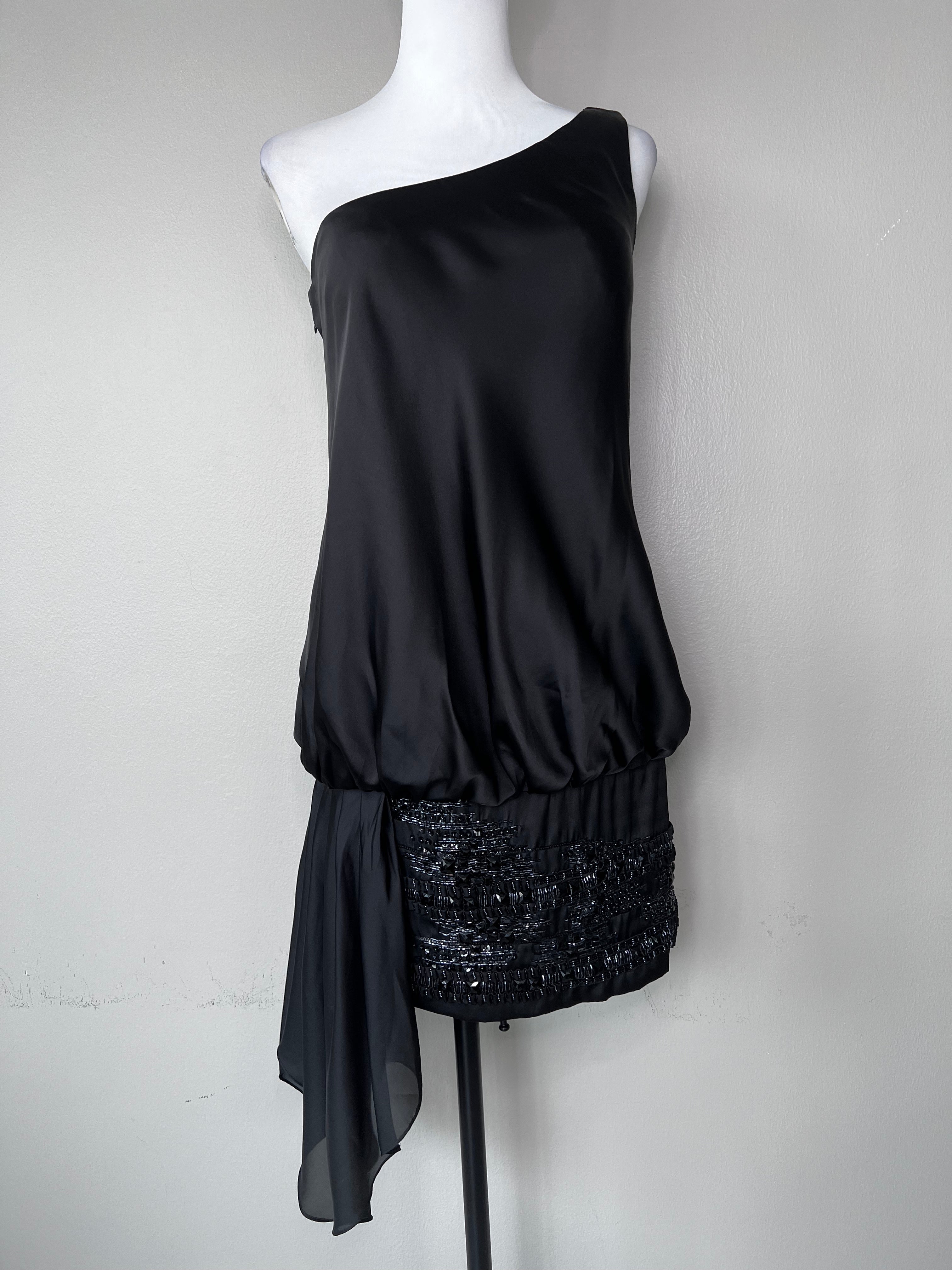 One shoulder black silk mini dress with beaded details - DERHY
