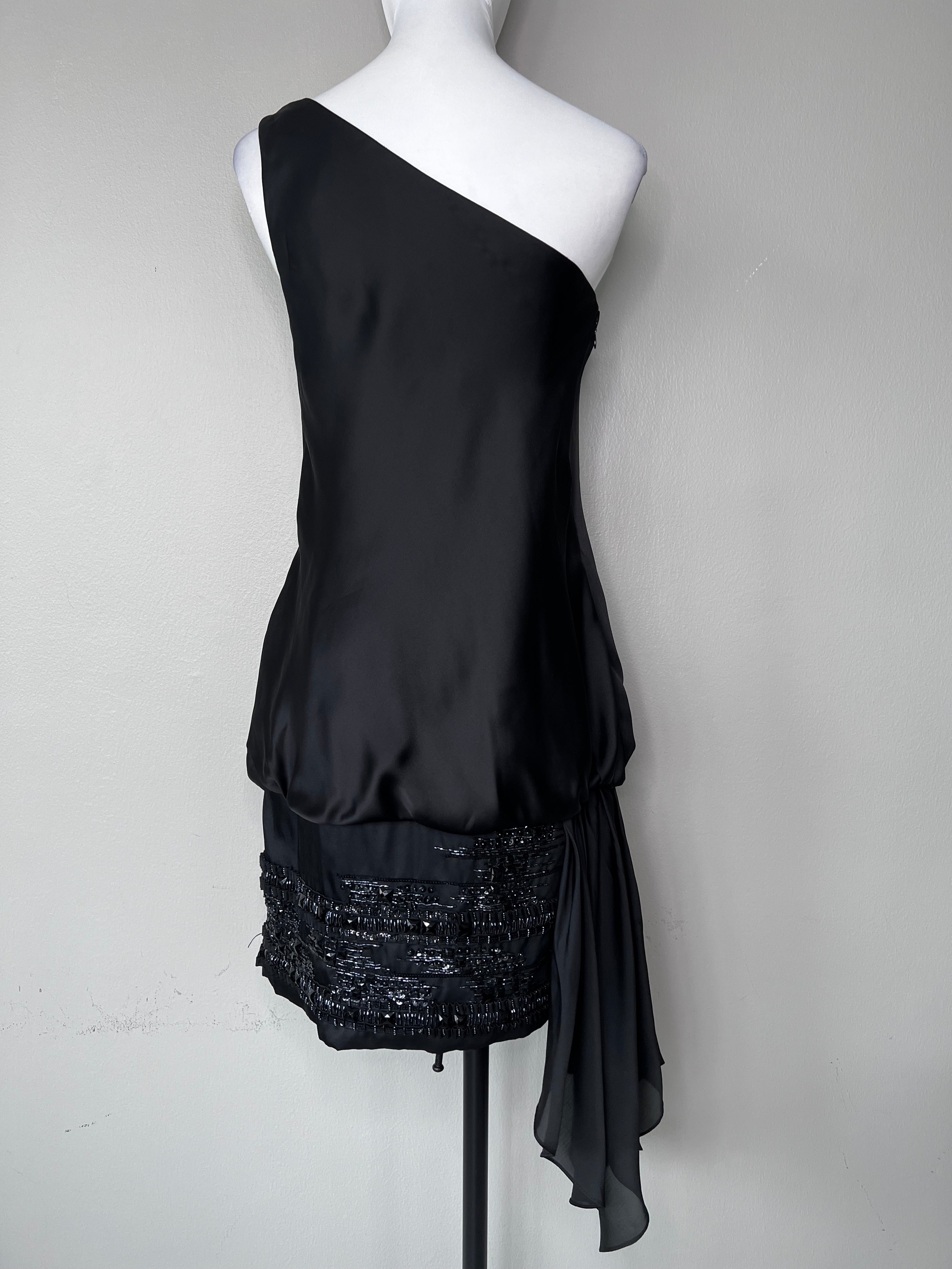 One shoulder black silk mini dress with beaded details - DERHY