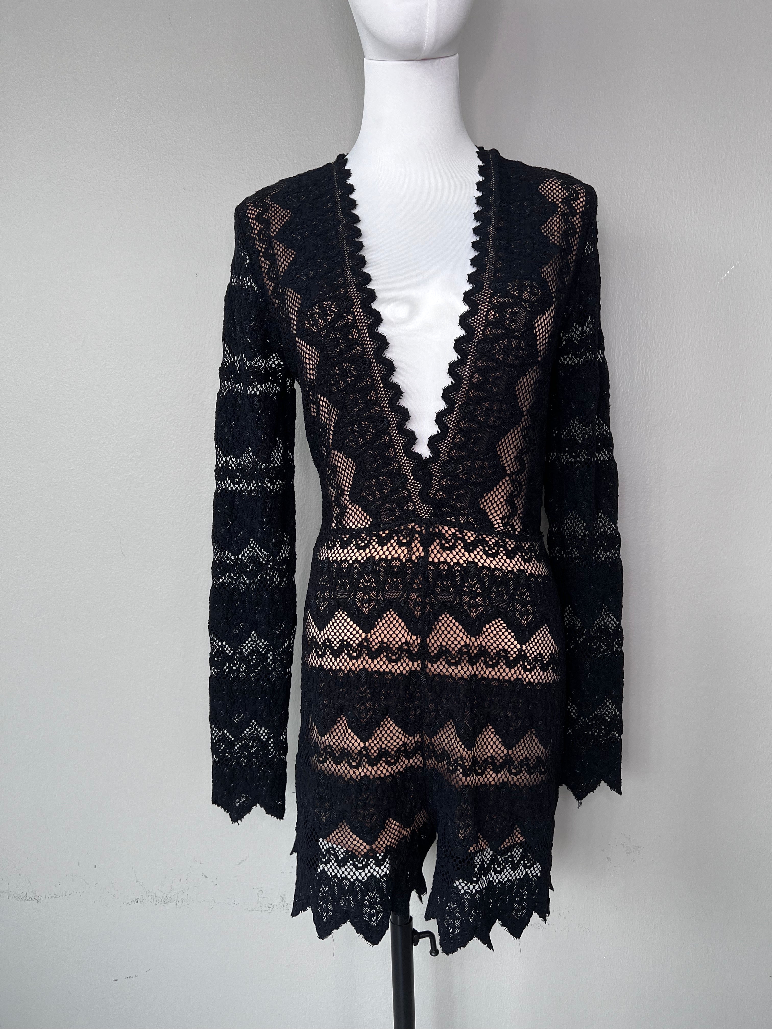 Black long sleeve short lace jumpsuit with plunge neckline. - NIGHTCUP