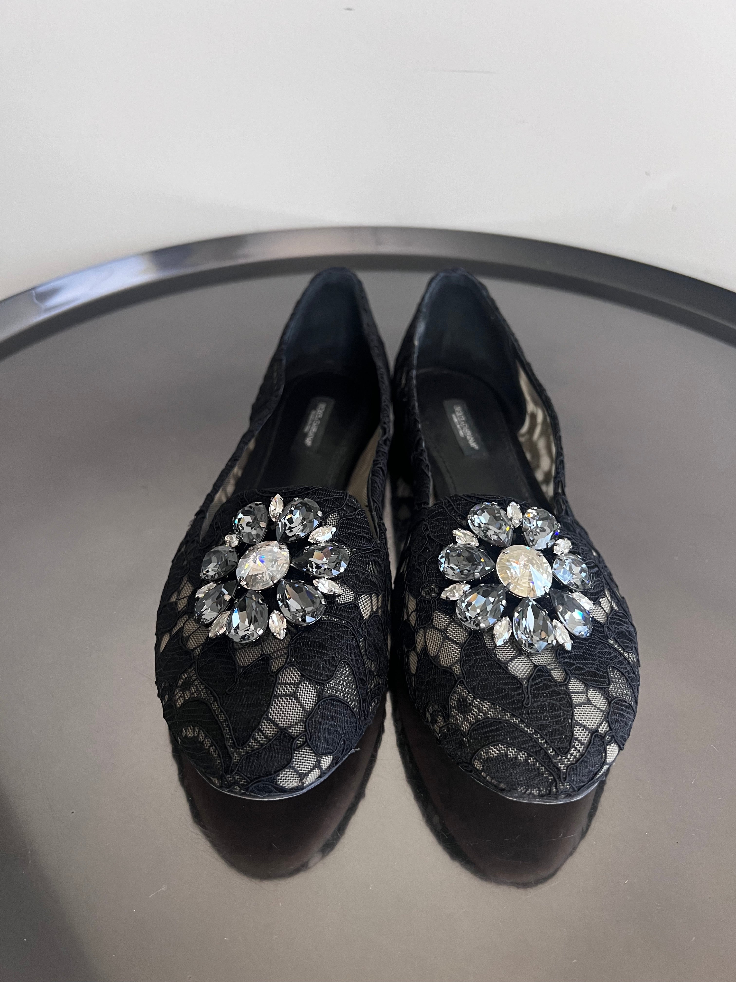 Black Lace Crystal Embellished Taormina Ballerina Flats - Dolce & Gabbana