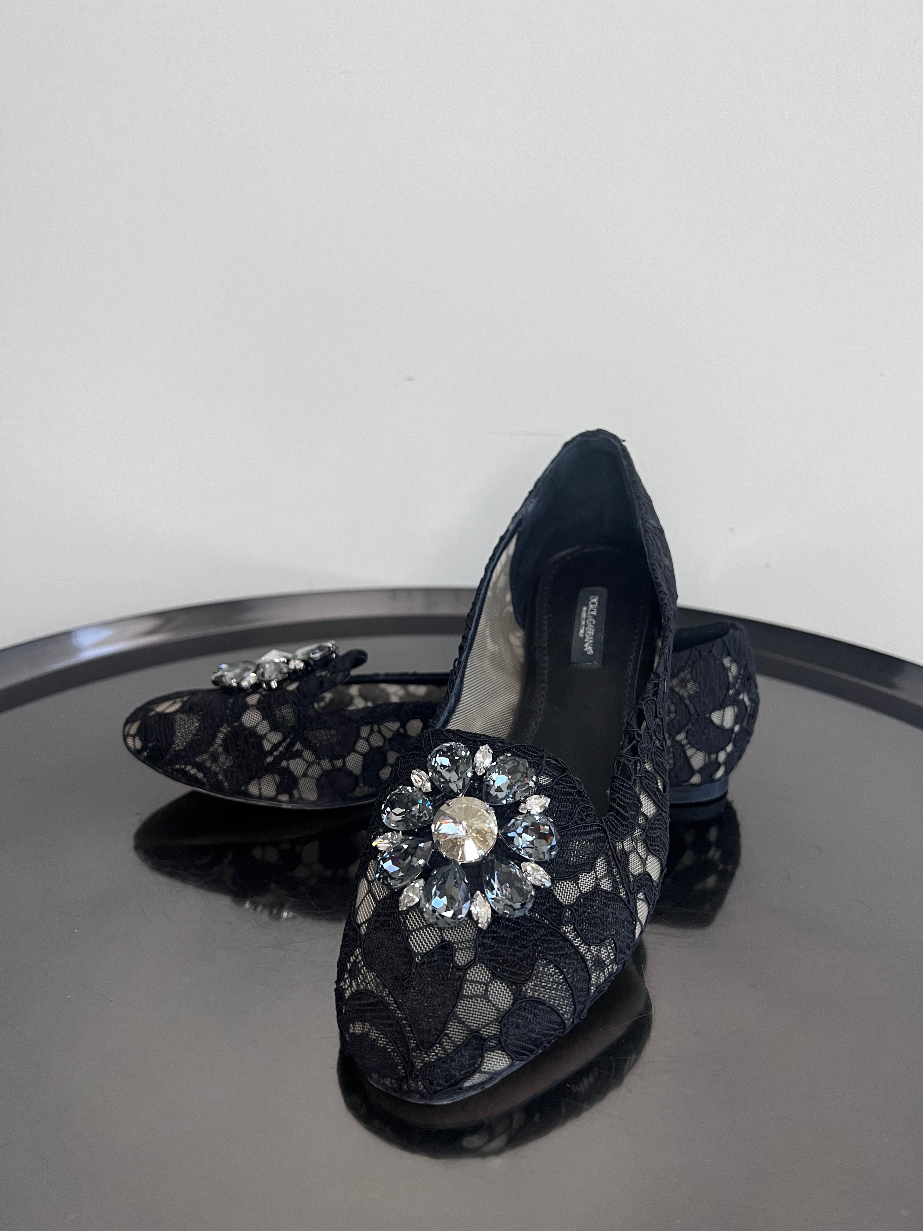 Black Lace Crystal Embellished Taormina Ballerina Flats - Dolce & Gabbana