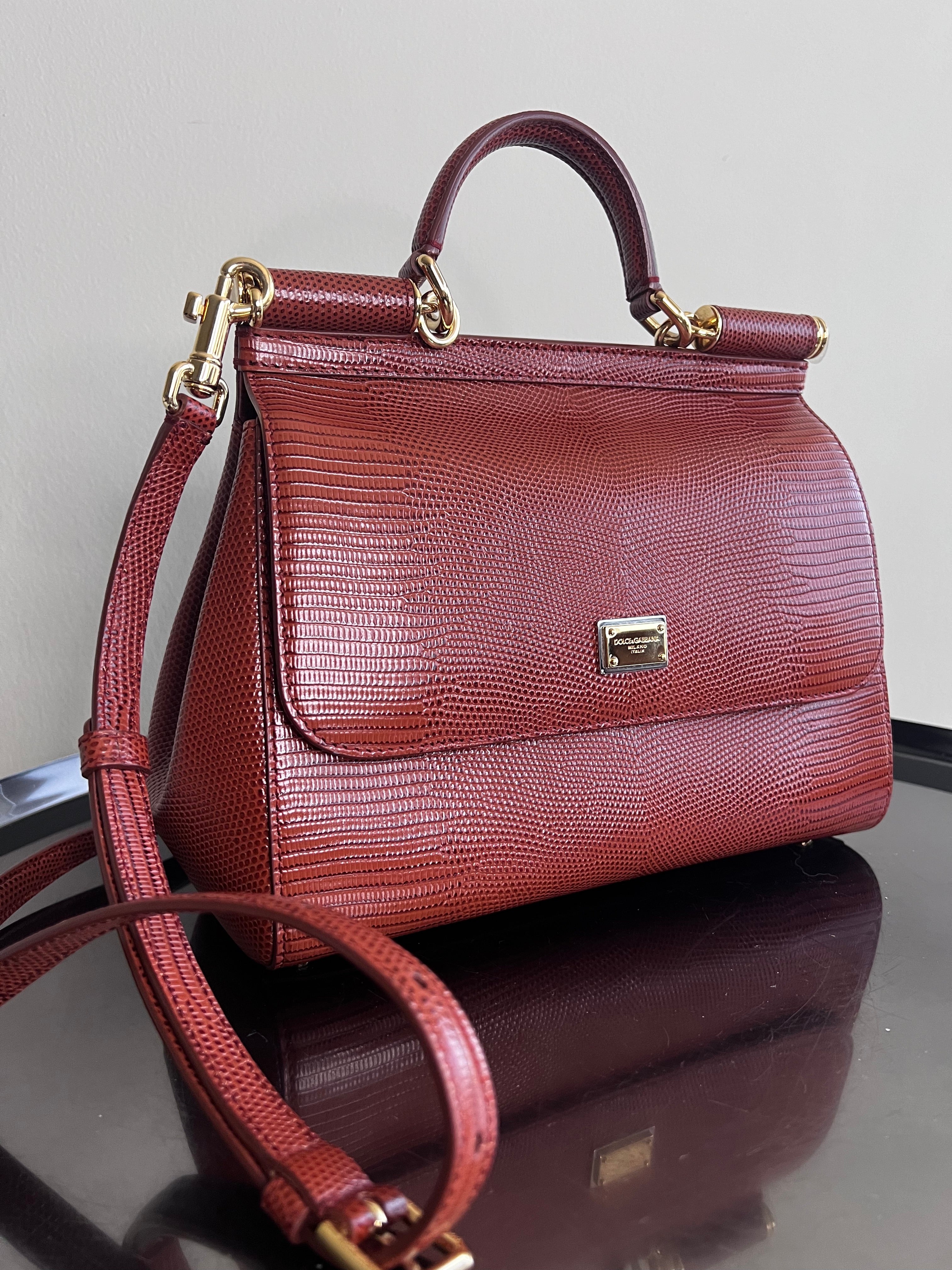 Brown Lizard Embossed Leather Medium Miss Sicily Bag - Dolce & Gabbana