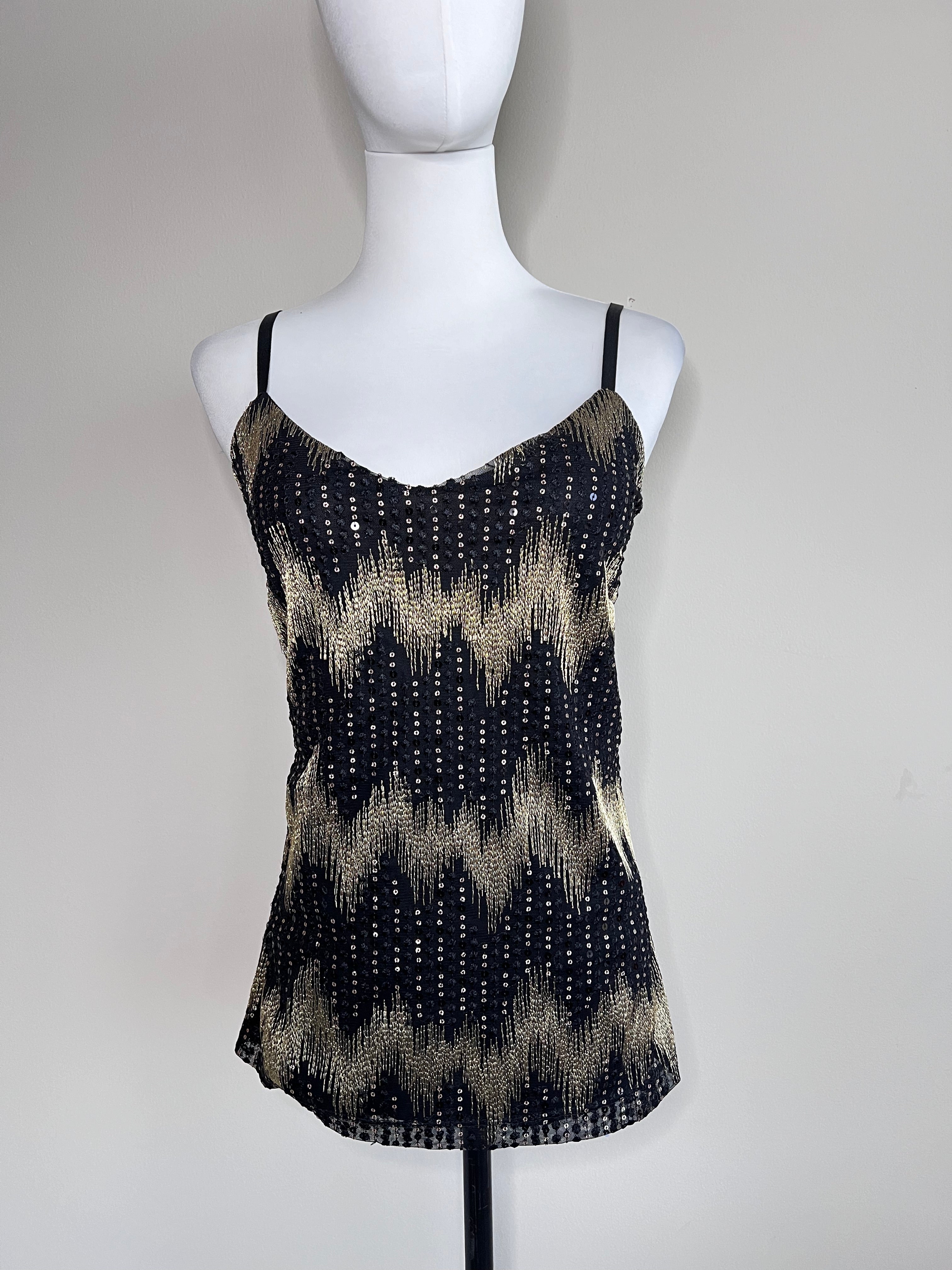 Black with Gold zigzag sequenced style print Oro Top - PIAZA ITALIA