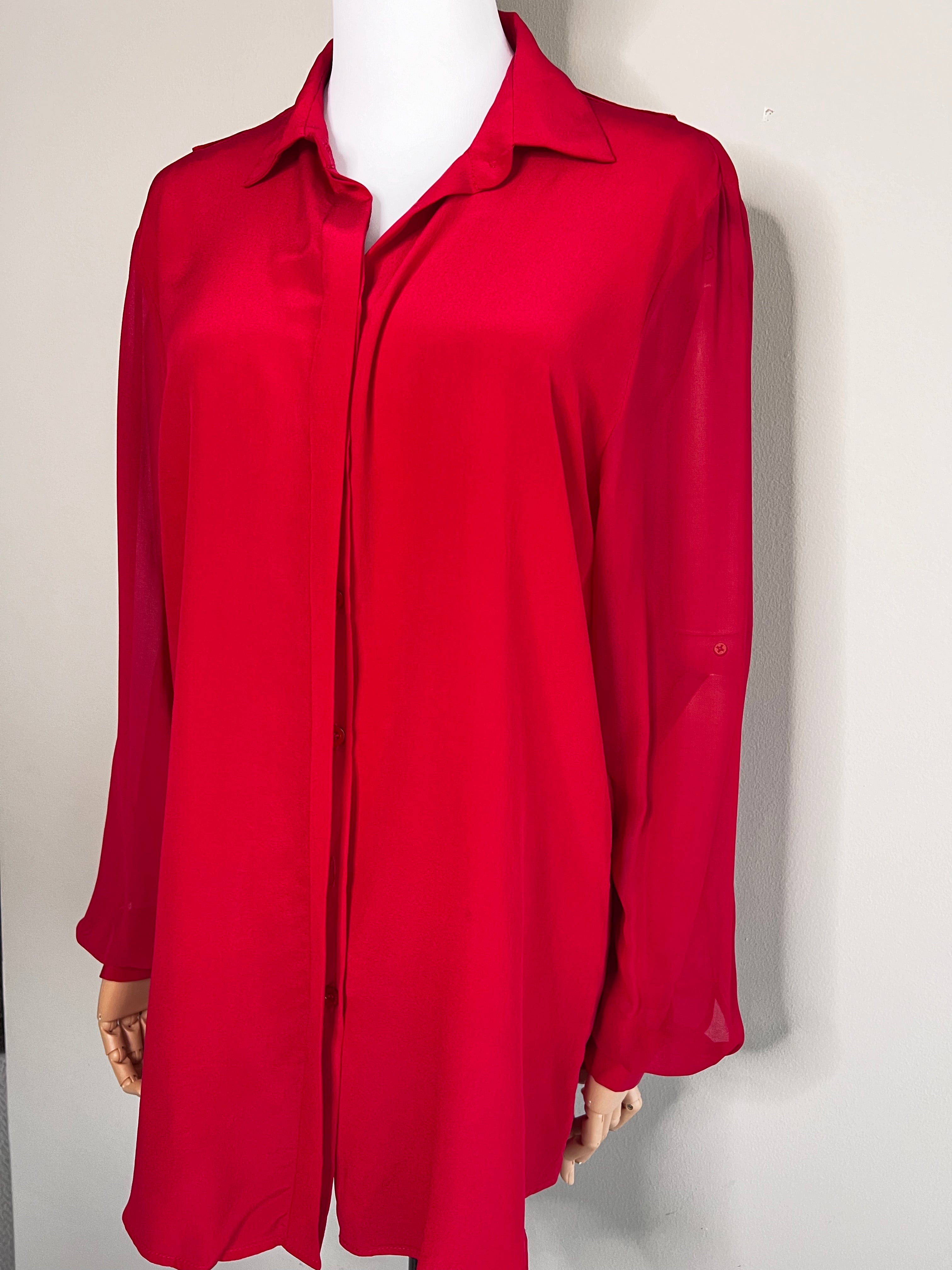 Red silk shirt with hidden buttons with  v backless