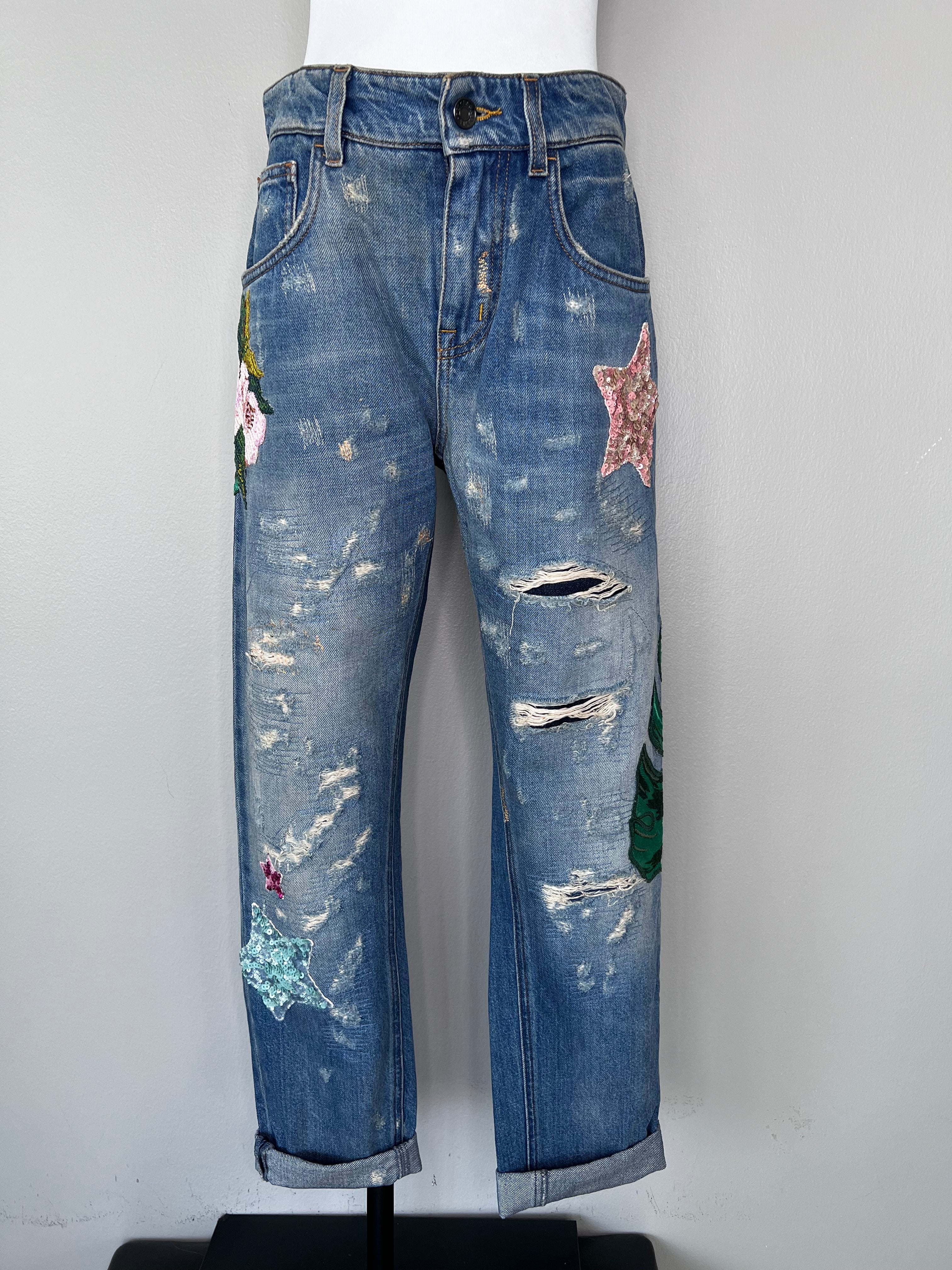 Blue patchwork design jeans with ripped knees - DOLCE & GABBANA