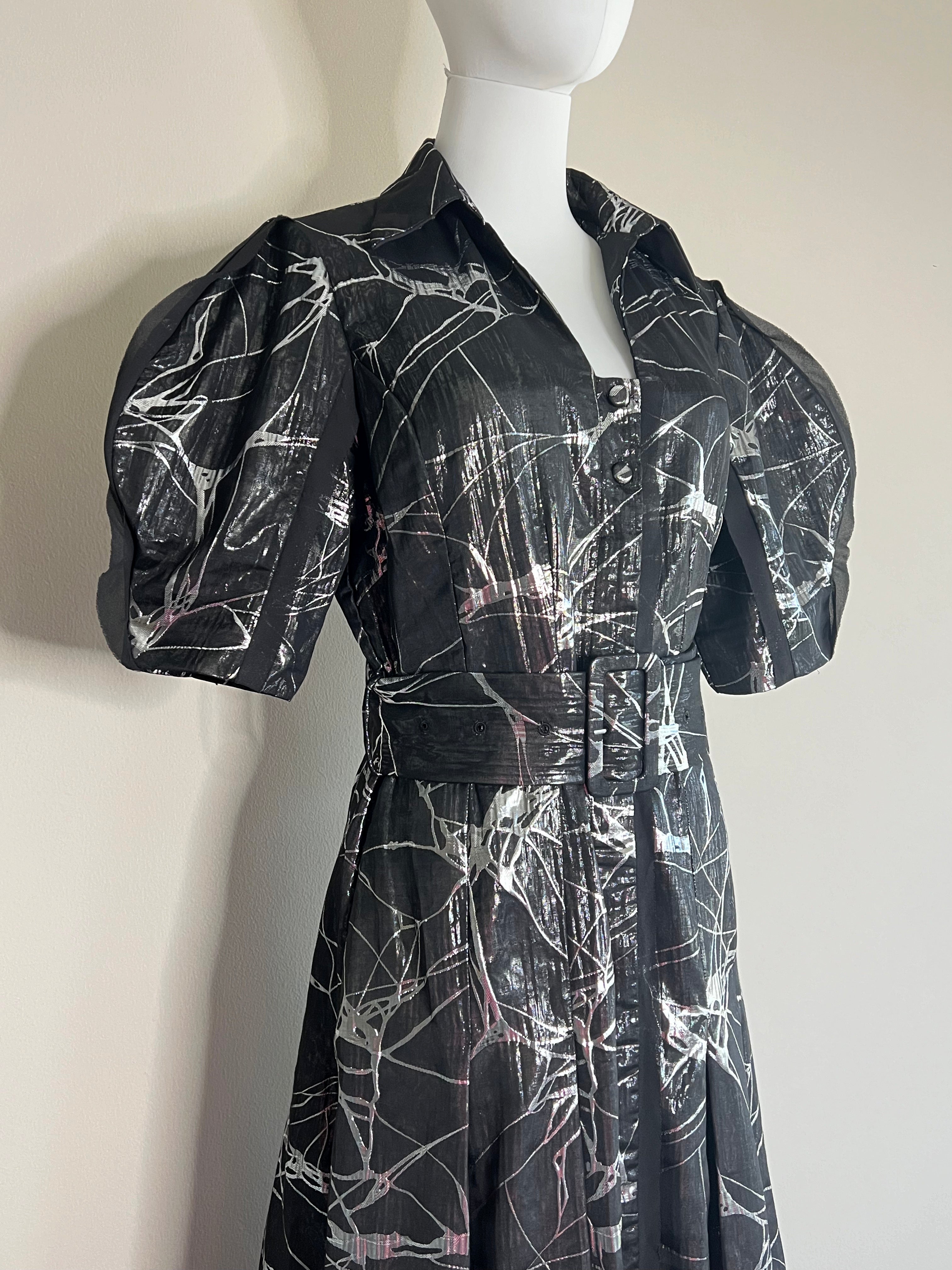 Black Belted balloon sleeve Metallic dress - BARUNI