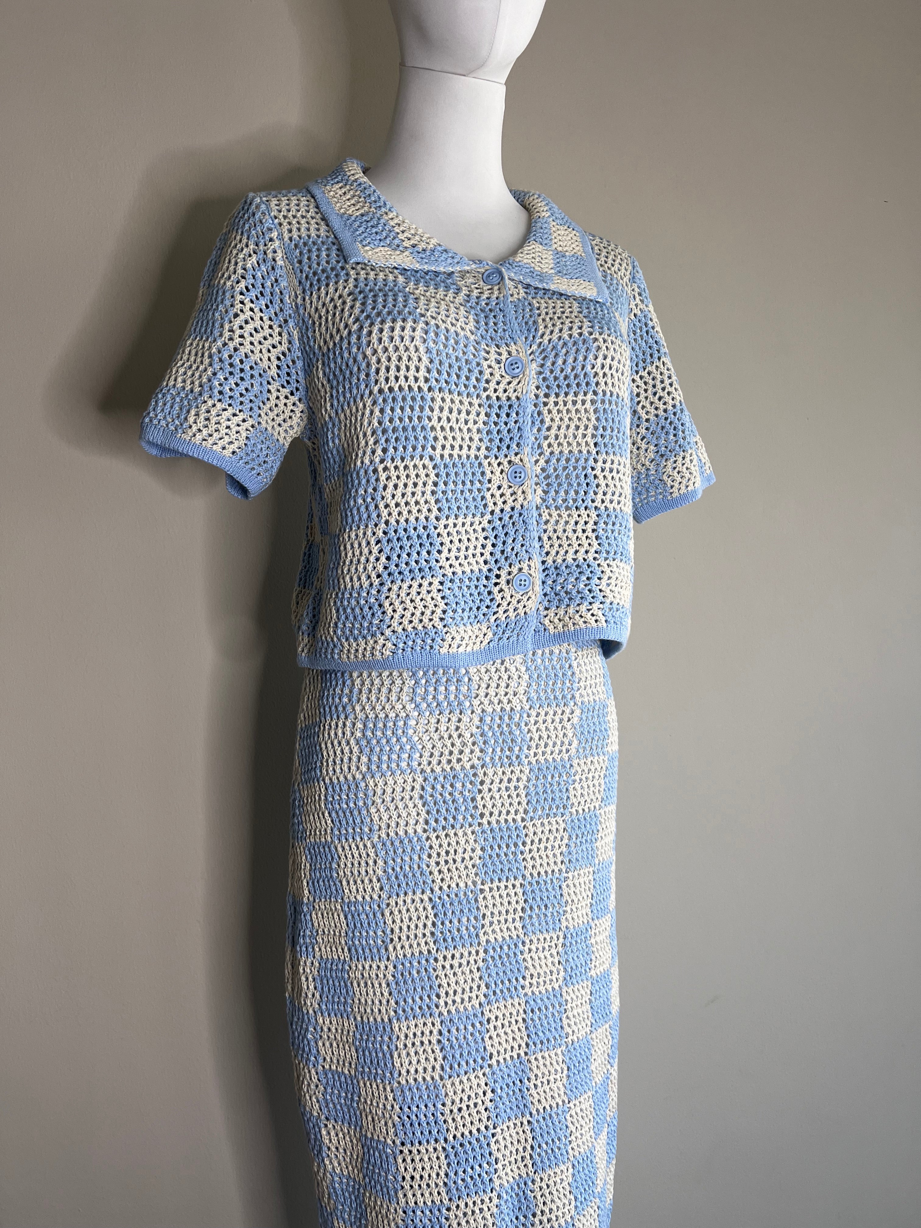A set of Blue Check Xiara Crochet center buttons with skirt - XIARA
