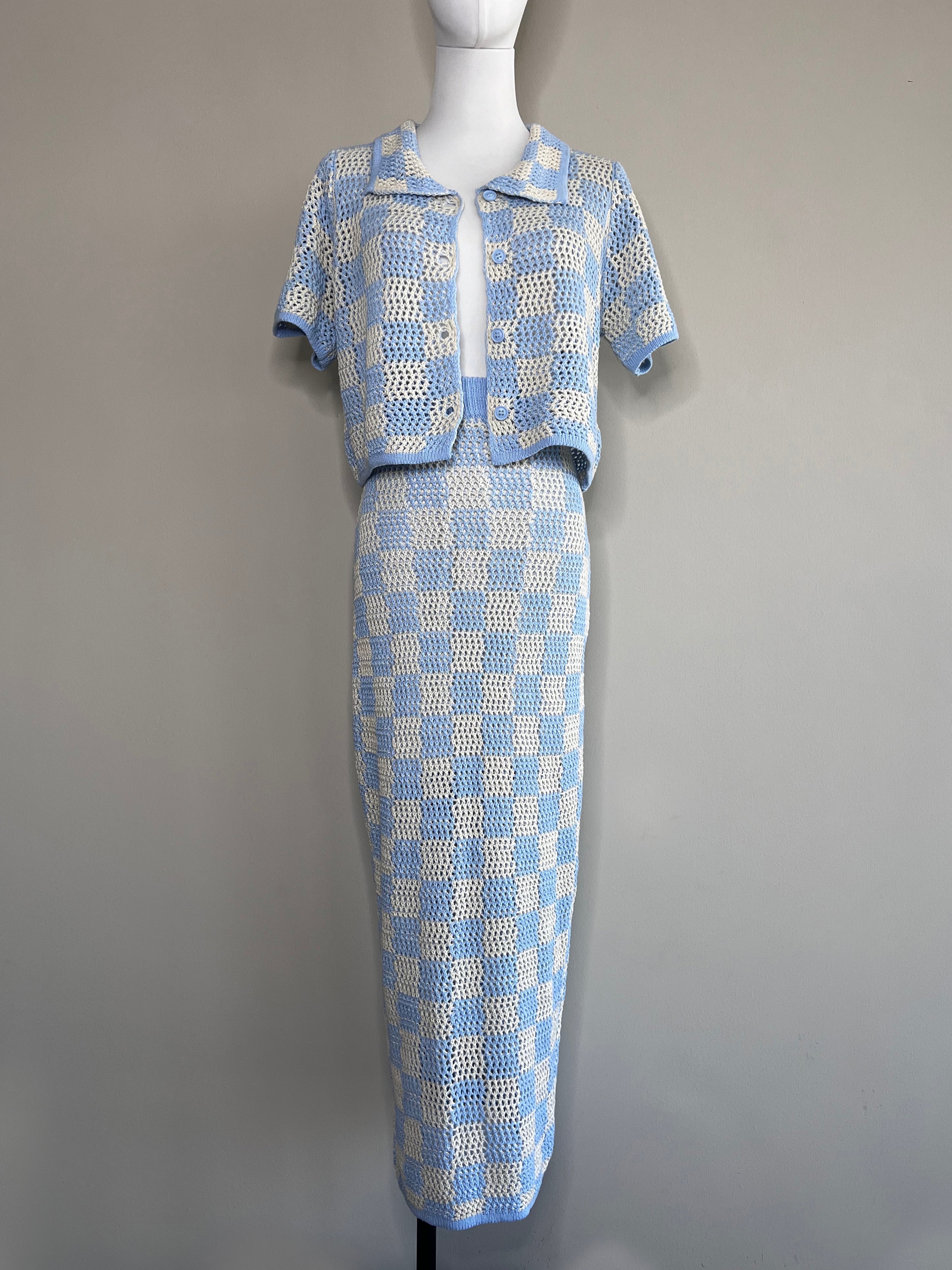 A set of Blue Check Xiara Crochet center buttons with skirt - XIARA