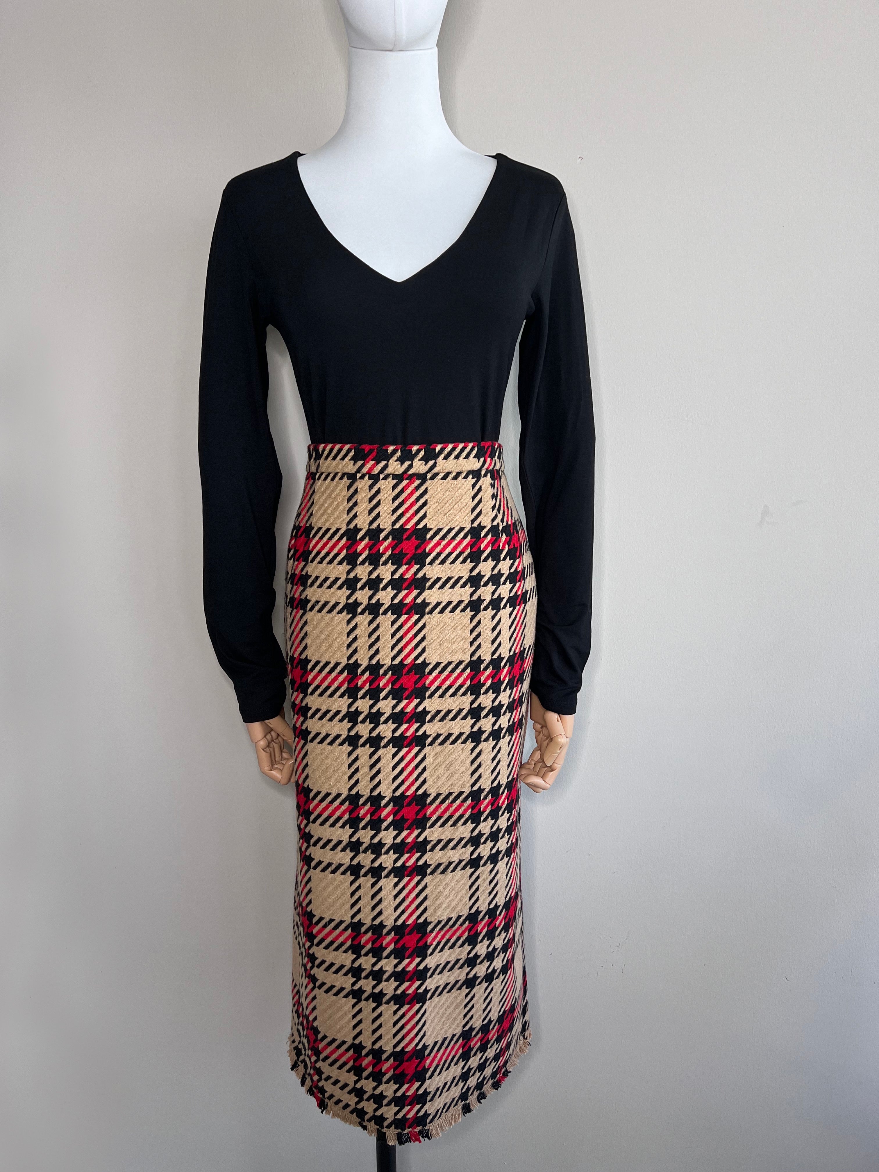 Brown with Red check print Plaid Pencil skirt - ICE
