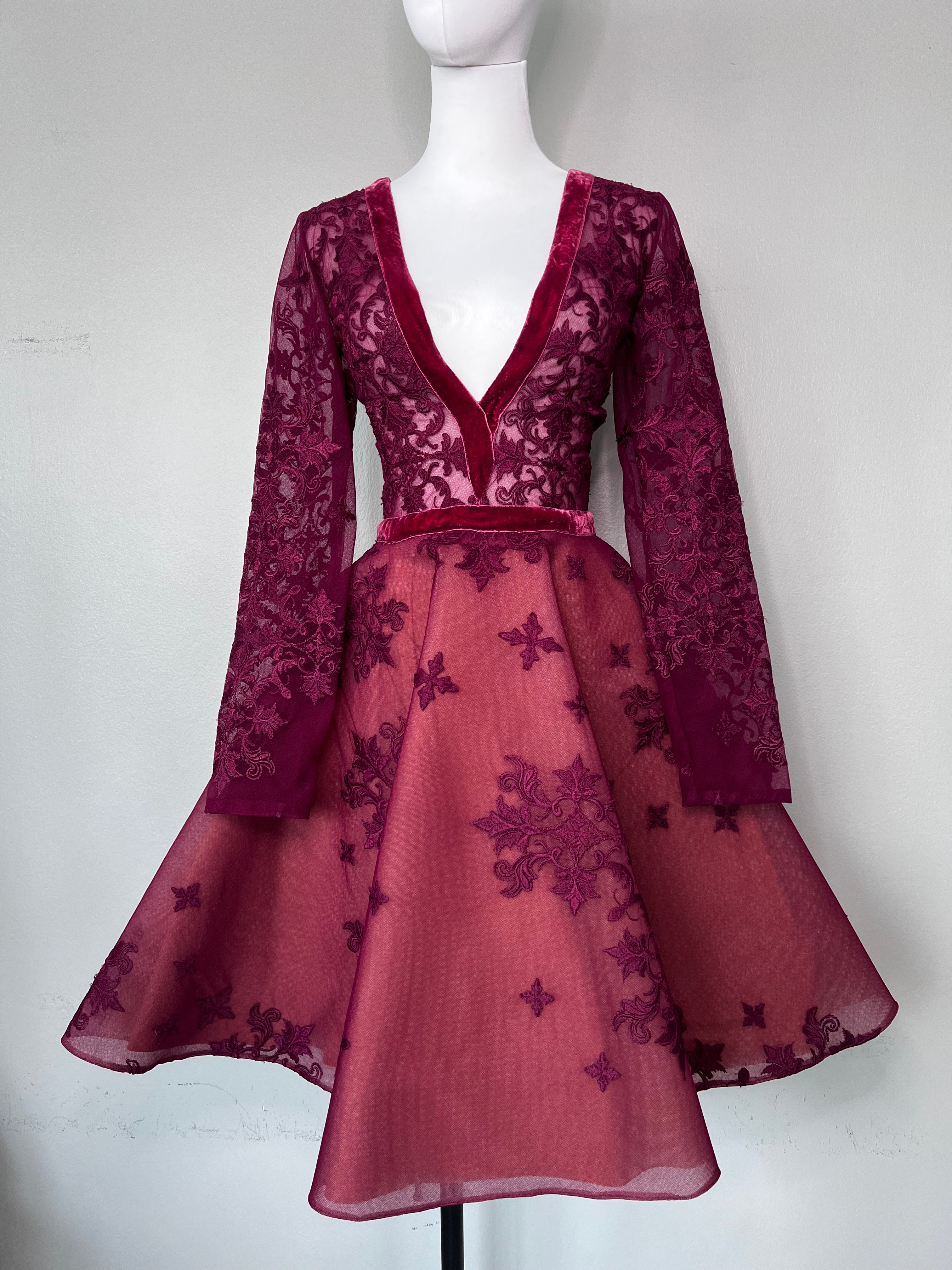 Designer couture deep V maroon cocktail dress with lace top and beadwork all around.